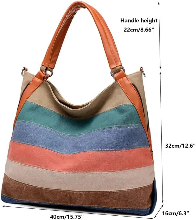 Canvas Purse for Women Large Work Tote Bags with Strap Vintage Messenger Bag Striped Crossbody Shoulder Tote Handbags Multi