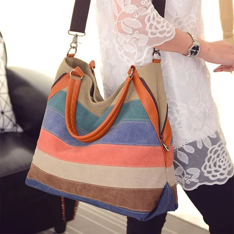 Canvas Purse for Women Large Work Tote Bags with Strap Vintage Messenger Bag Striped Crossbody Shoulder Tote Handbags Multi