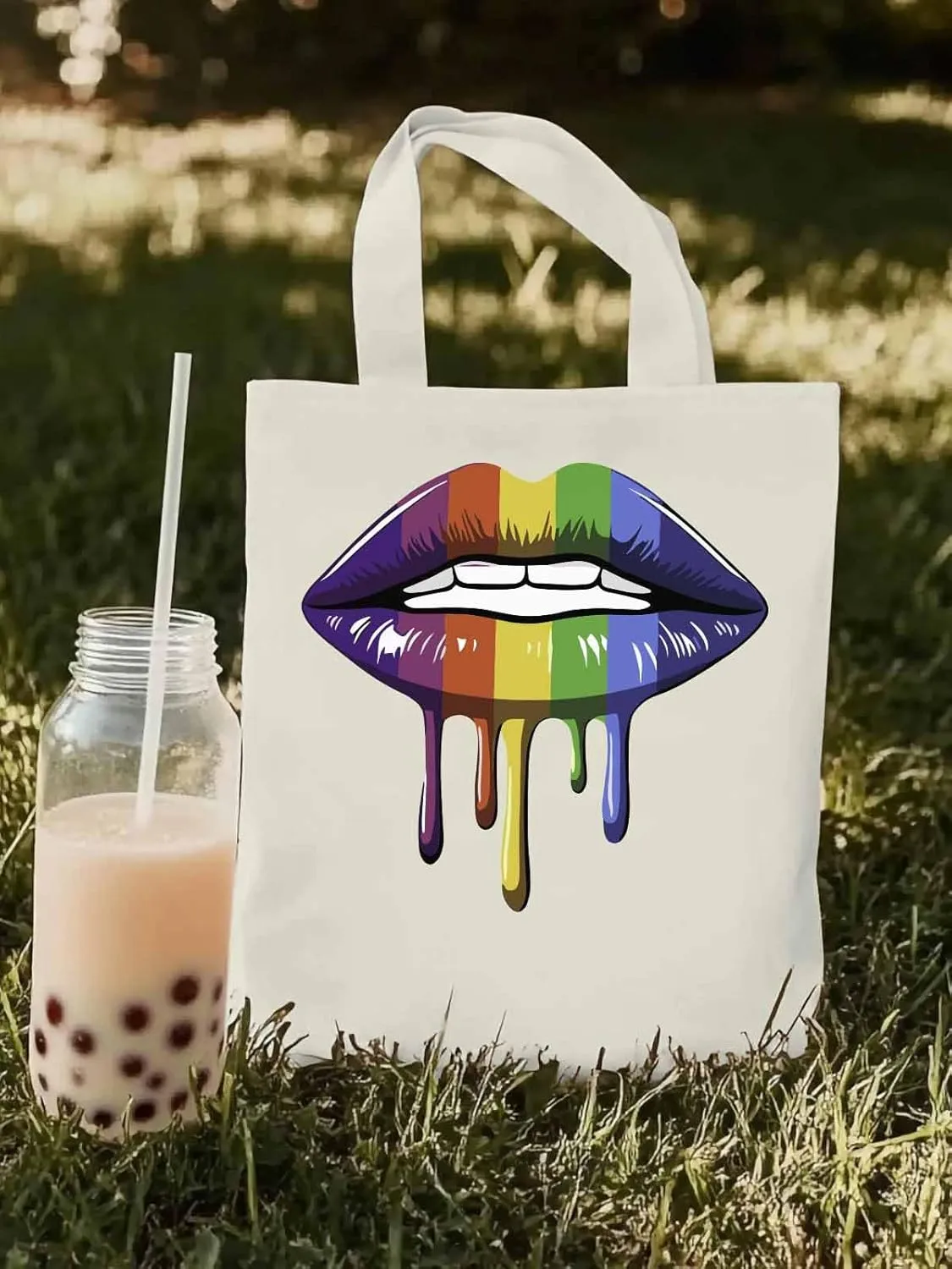 Canvas Tote Bag, Abstract Colorful Lips Aesthetic Canvas Tote Handbags for Women Shoulder Bag