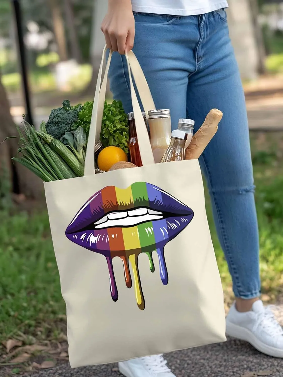 Canvas Tote Bag, Abstract Colorful Lips Aesthetic Canvas Tote Handbags for Women Shoulder Bag