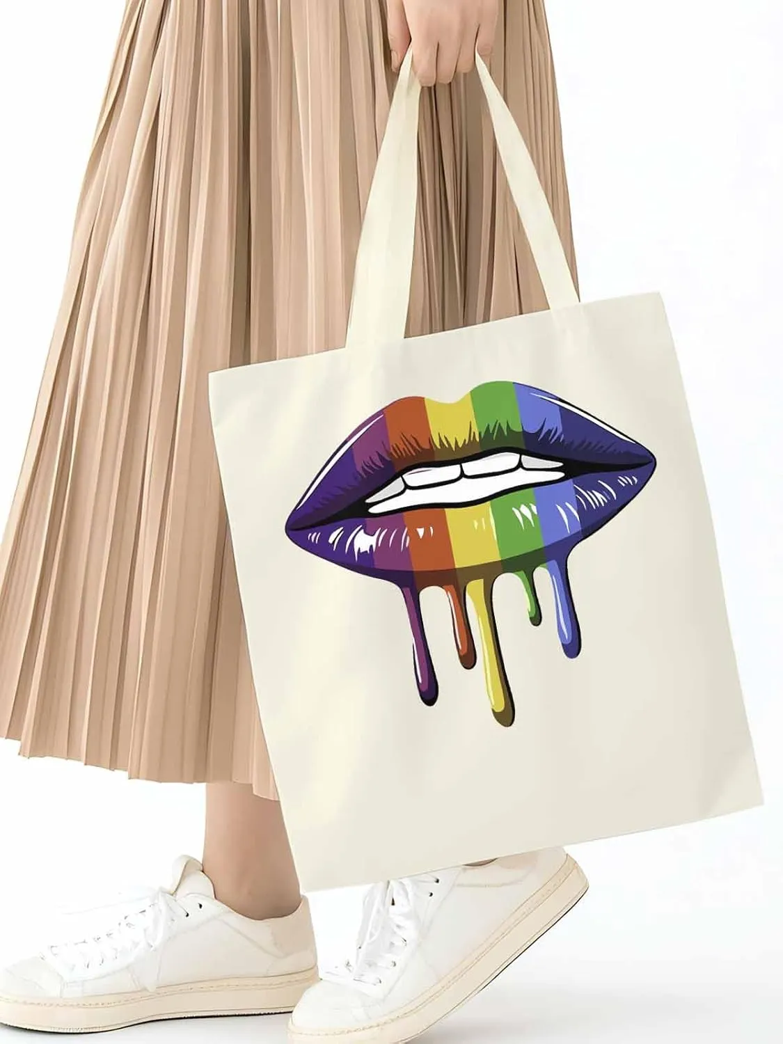 Canvas Tote Bag, Abstract Colorful Lips Aesthetic Canvas Tote Handbags for Women Shoulder Bag