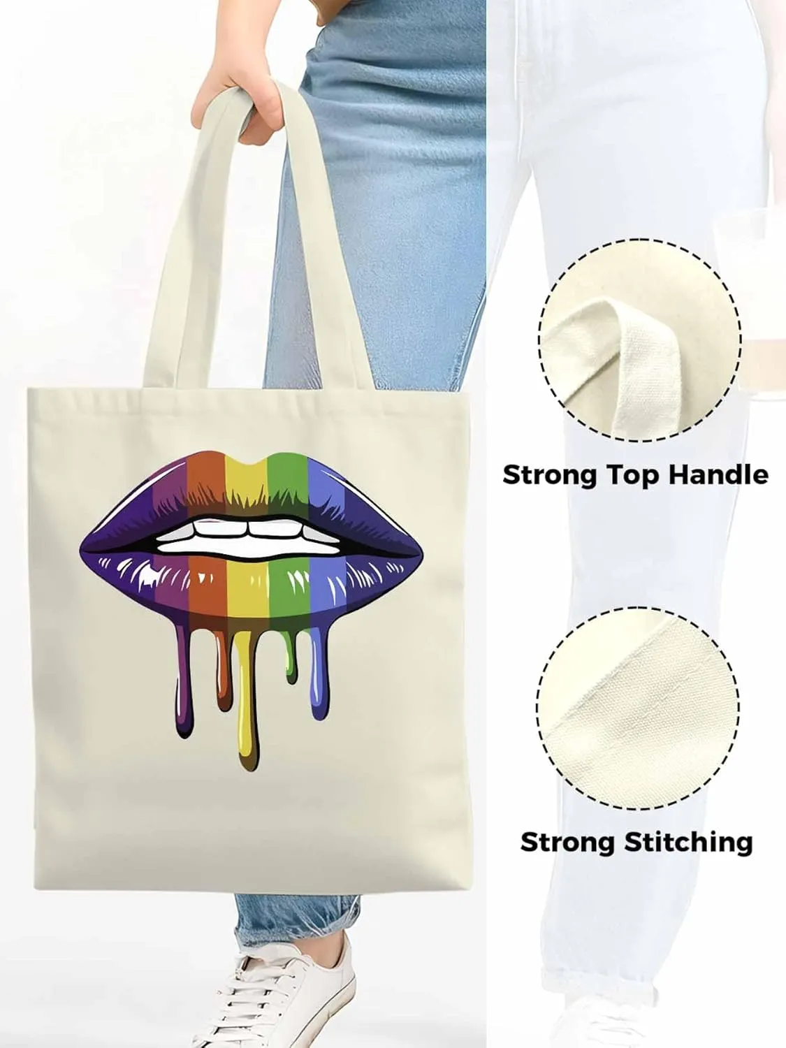 Canvas Tote Bag, Abstract Colorful Lips Aesthetic Canvas Tote Handbags for Women Shoulder Bag