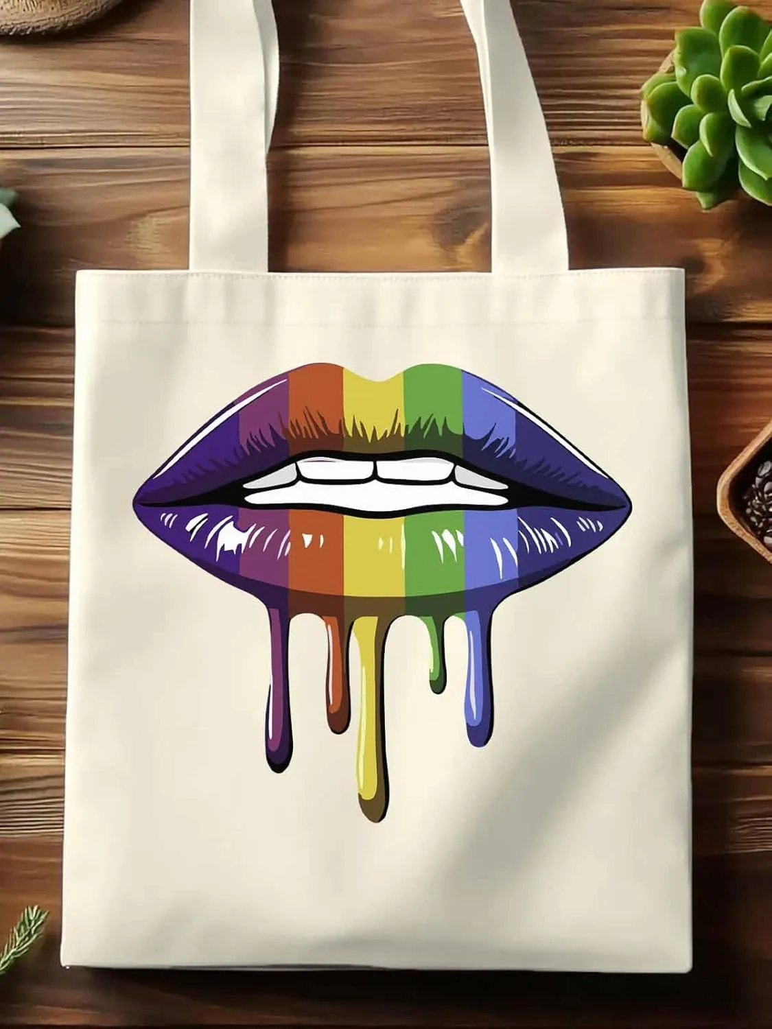 Canvas Tote Bag, Abstract Colorful Lips Aesthetic Canvas Tote Handbags for Women Shoulder Bag