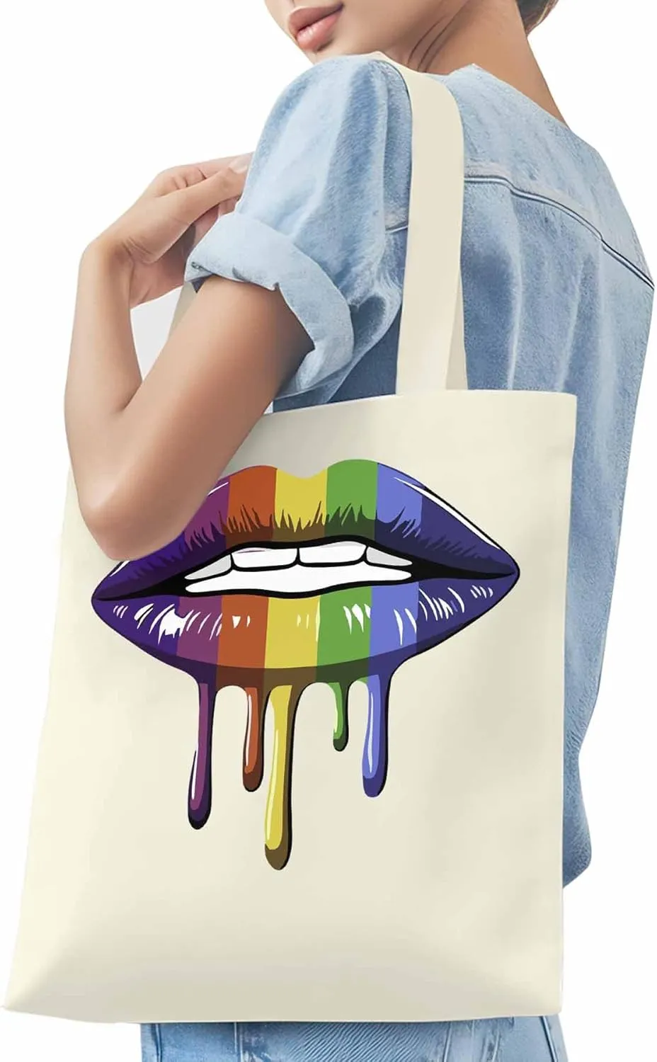 Canvas Tote Bag, Abstract Colorful Lips Aesthetic Canvas Tote Handbags for Women Shoulder Bag