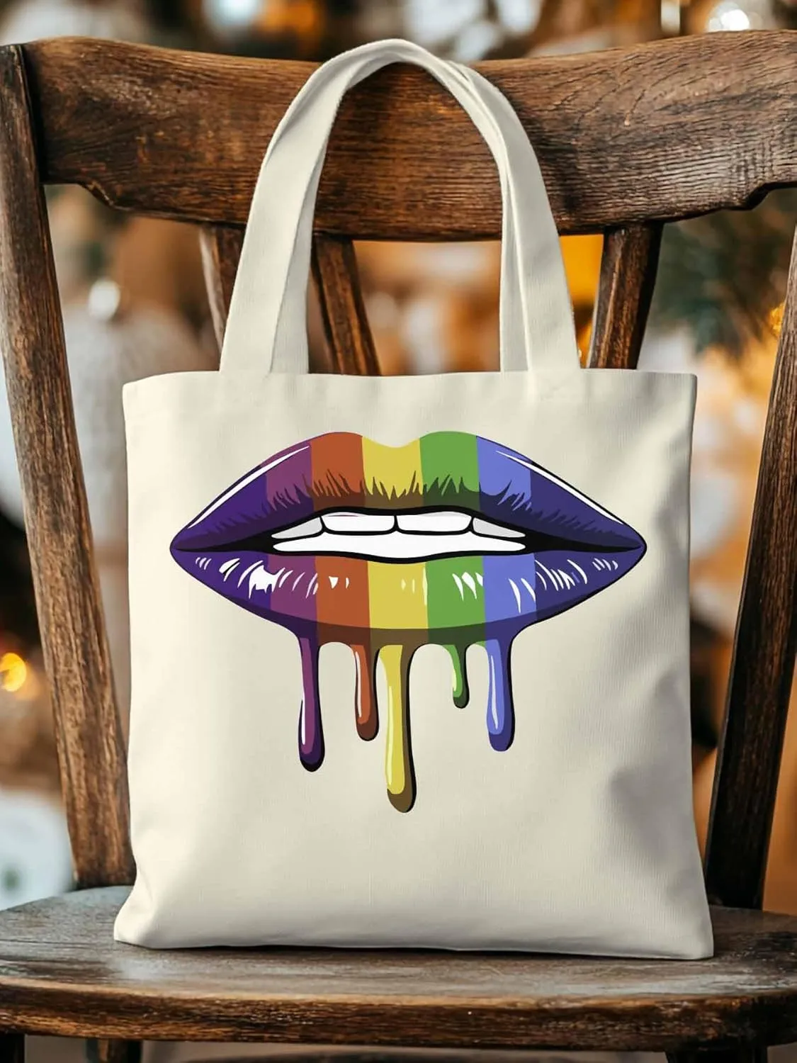 Canvas Tote Bag, Abstract Colorful Lips Aesthetic Canvas Tote Handbags for Women Shoulder Bag