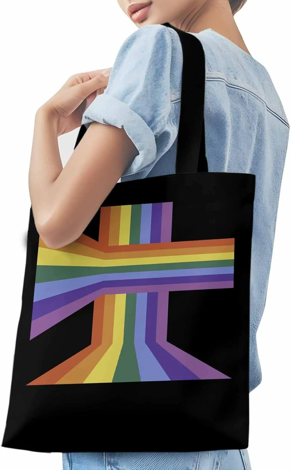 Canvas Tote Bag, Abstract Rainbow Striped Aesthetic Canvas Tote Handbags for Women Shoulder Bag
