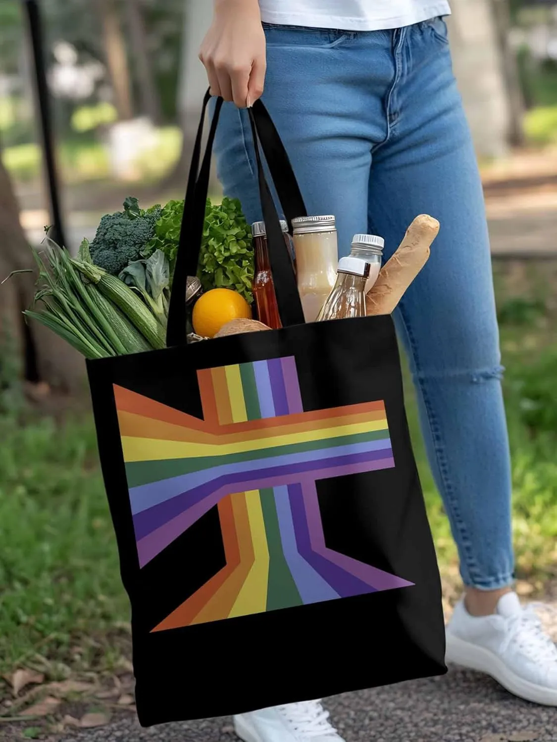Canvas Tote Bag, Abstract Rainbow Striped Aesthetic Canvas Tote Handbags for Women Shoulder Bag