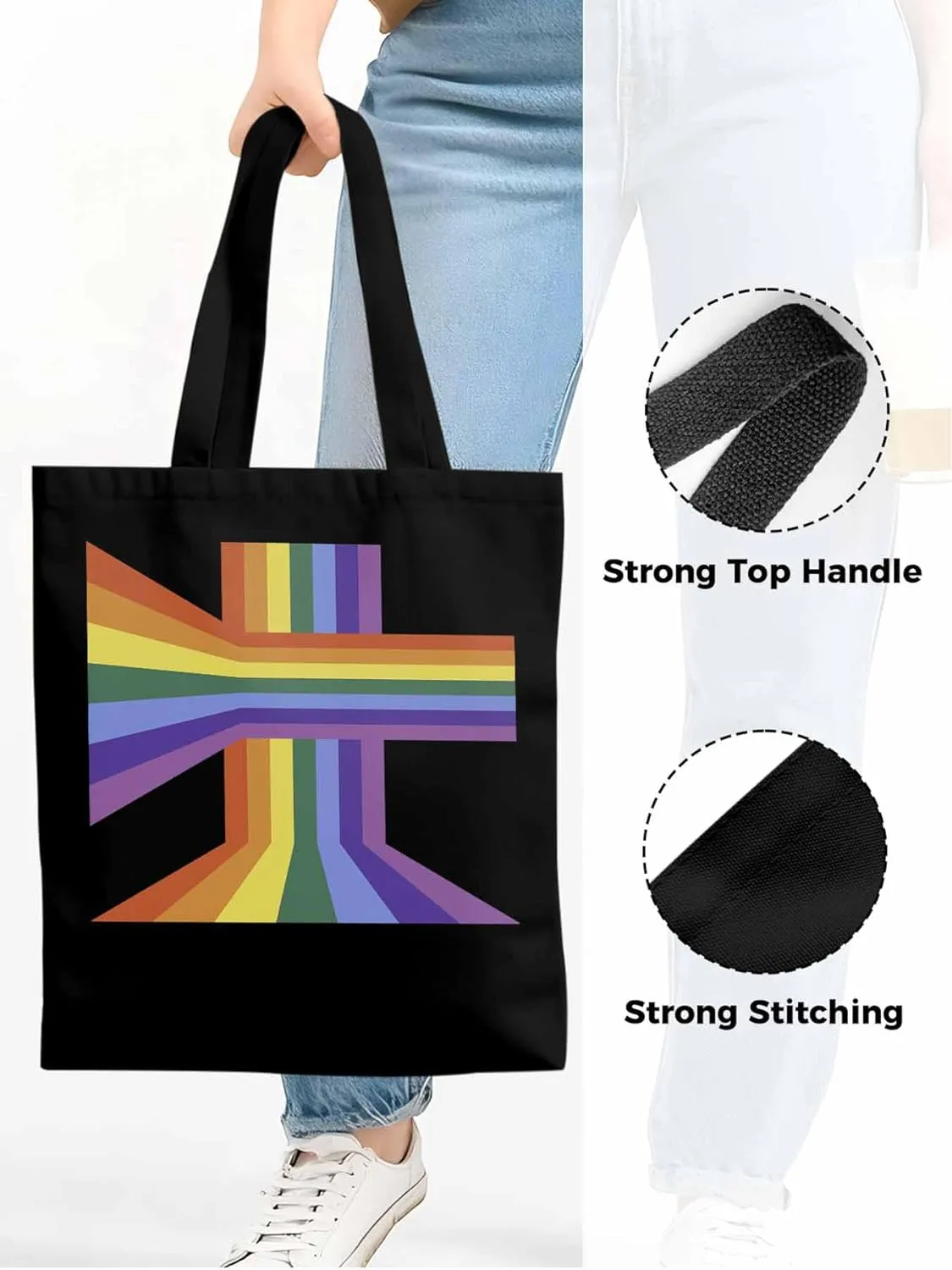 Canvas Tote Bag, Abstract Rainbow Striped Aesthetic Canvas Tote Handbags for Women Shoulder Bag
