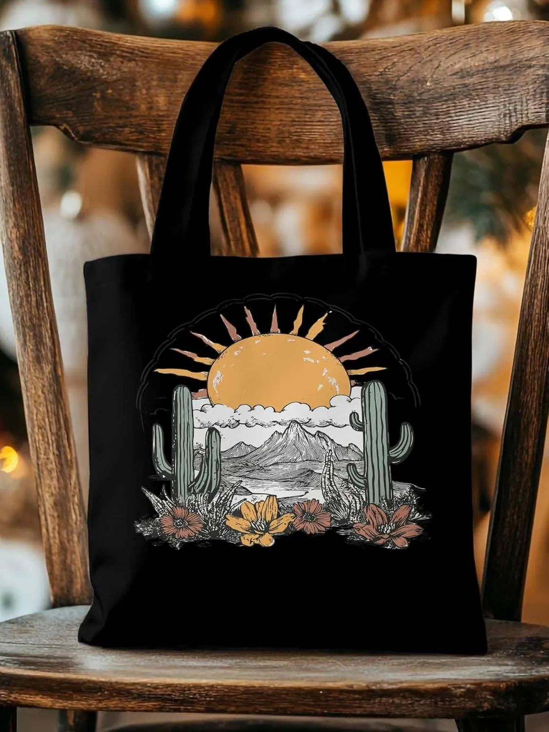 Canvas Tote Bag, Boho Sun Desert Cactus Flowers Mountain patterned Canvas Tote Handbags for Women Shoulder Bag,