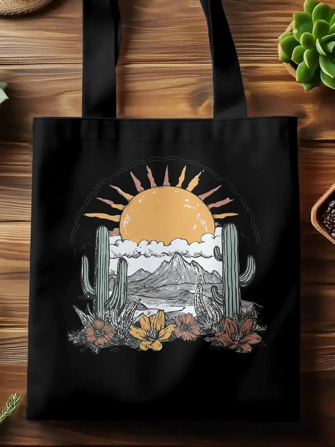 Canvas Tote Bag, Boho Sun Desert Cactus Flowers Mountain patterned Canvas Tote Handbags for Women Shoulder Bag,