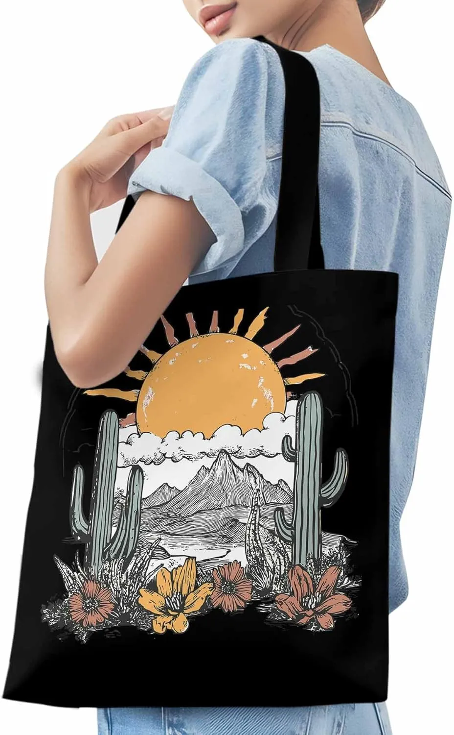 Canvas Tote Bag, Boho Sun Desert Cactus Flowers Mountain patterned Canvas Tote Handbags for Women Shoulder Bag,