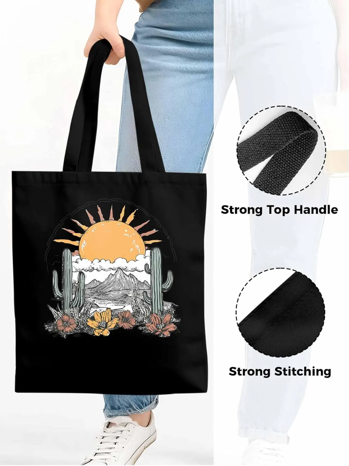 Canvas Tote Bag, Boho Sun Desert Cactus Flowers Mountain patterned Canvas Tote Handbags for Women Shoulder Bag,