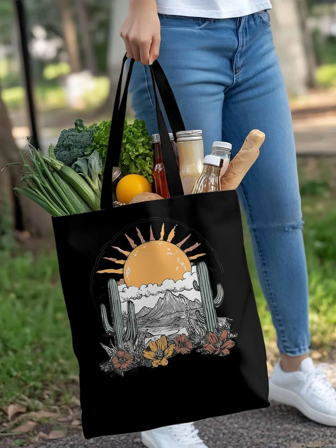 Canvas Tote Bag, Boho Sun Desert Cactus Flowers Mountain patterned Canvas Tote Handbags for Women Shoulder Bag,