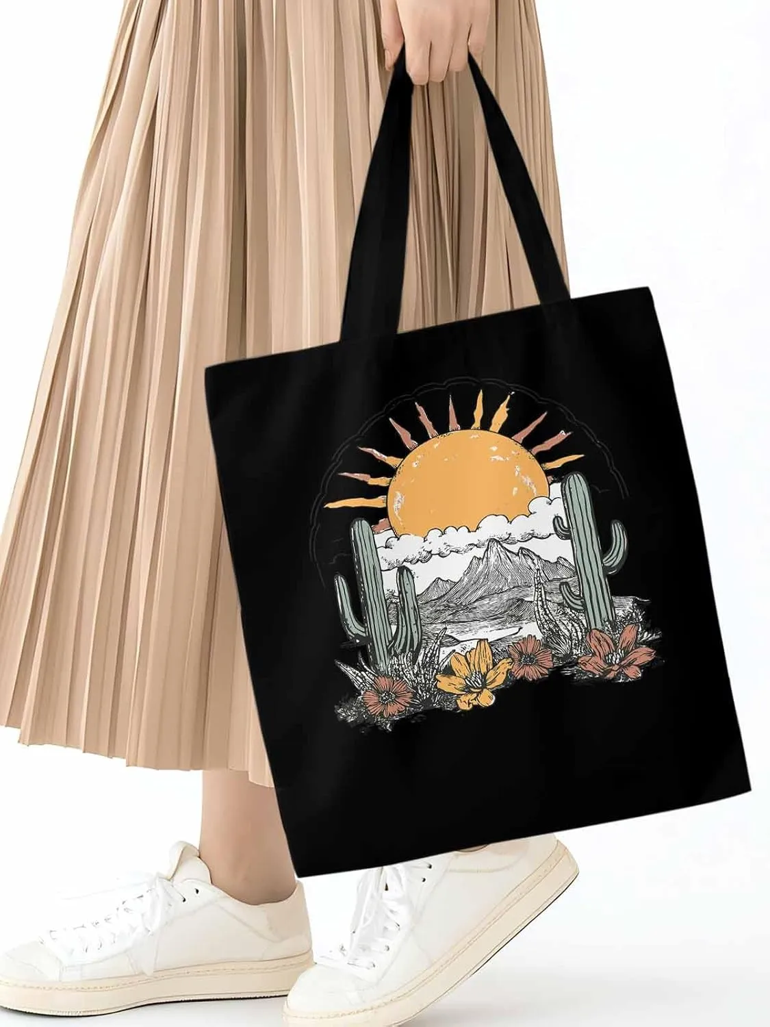 Canvas Tote Bag, Boho Sun Desert Cactus Flowers Mountain patterned Canvas Tote Handbags for Women Shoulder Bag,
