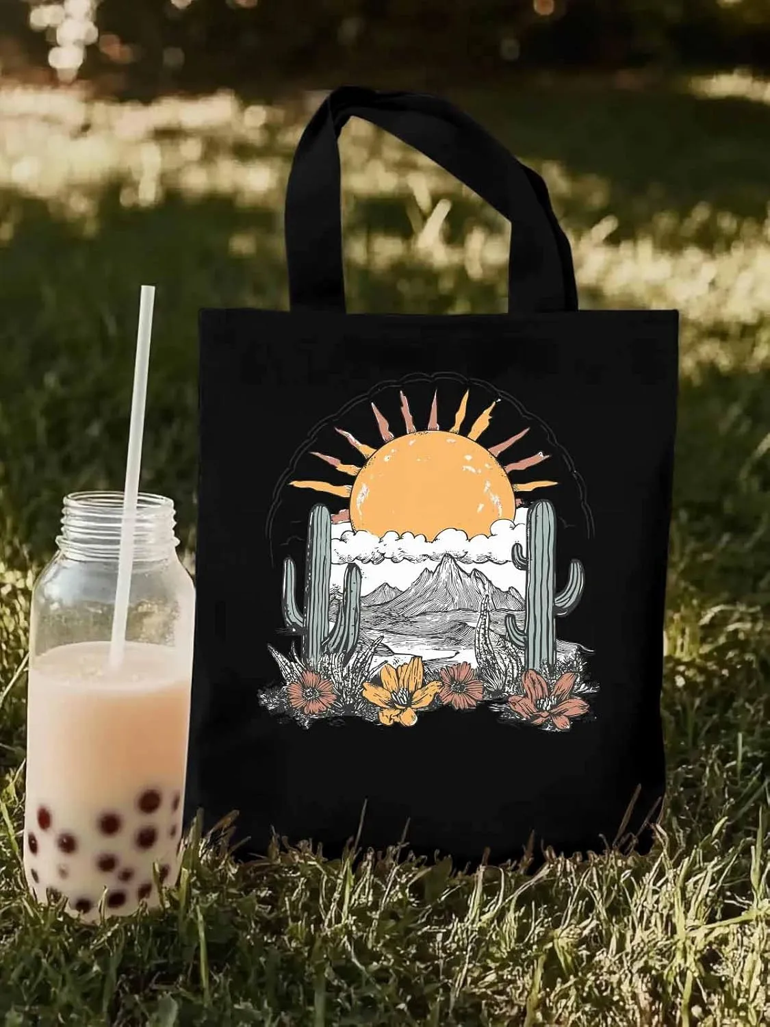 Canvas Tote Bag, Boho Sun Desert Cactus Flowers Mountain patterned Canvas Tote Handbags for Women Shoulder Bag,