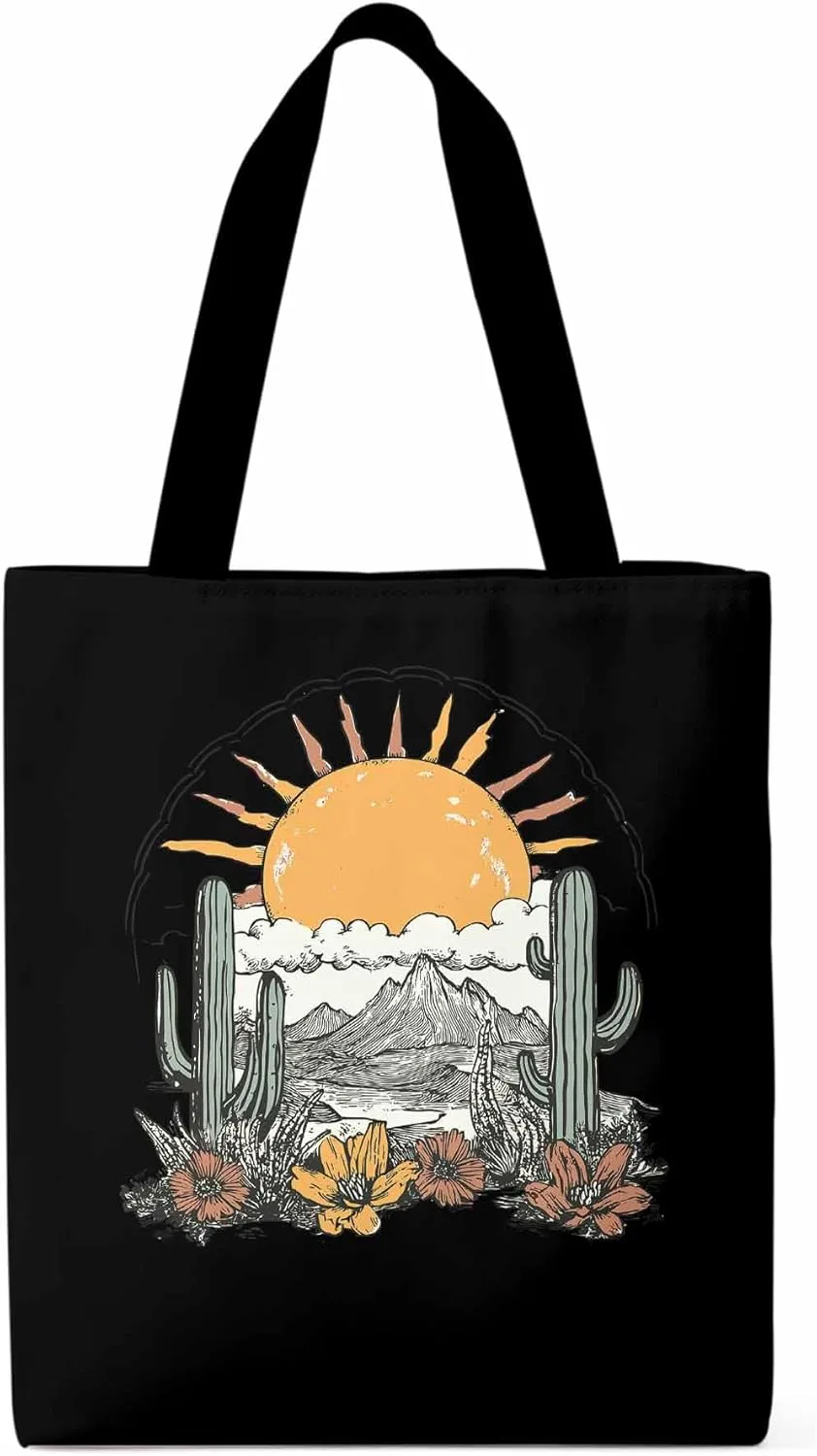 Canvas Tote Bag, Boho Sun Desert Cactus Flowers Mountain patterned Canvas Tote Handbags for Women Shoulder Bag,