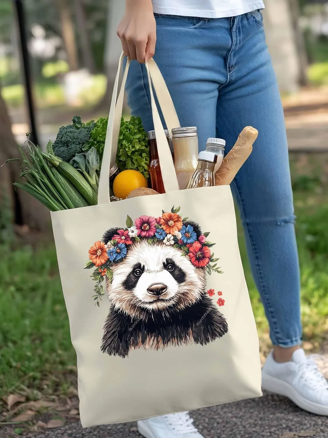 Canvas Tote Bag, Colorful Panda Naturalist Flower patterned Canvas Tote Handbags for Women Shoulder Bag,