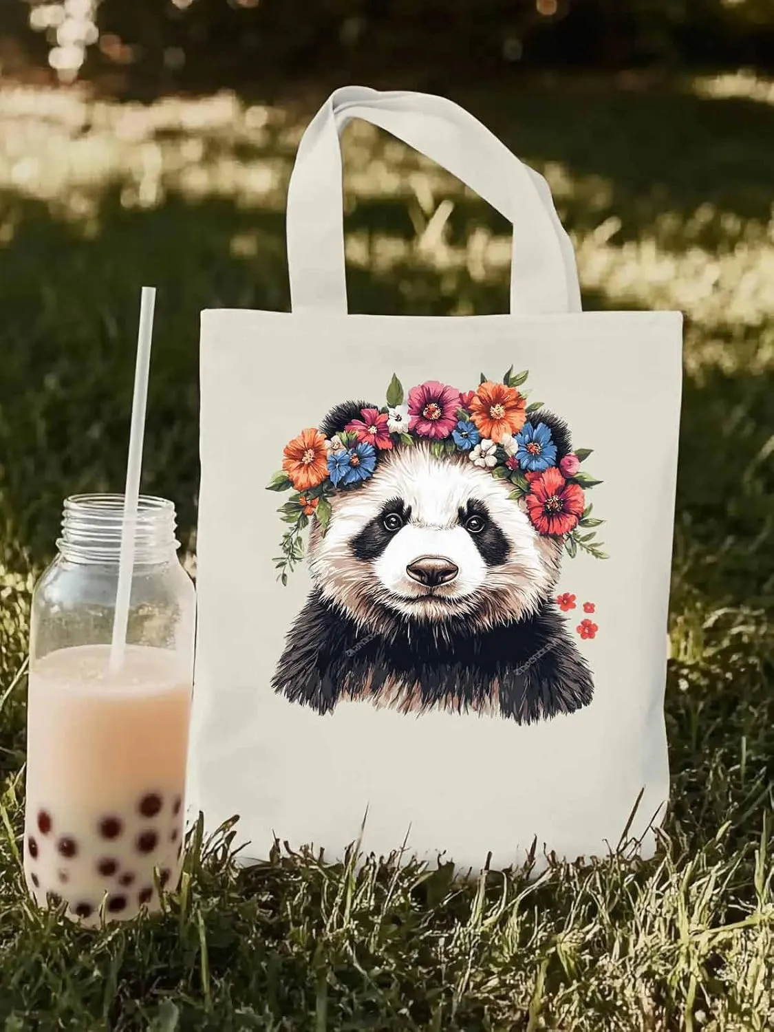 Canvas Tote Bag, Colorful Panda Naturalist Flower patterned Canvas Tote Handbags for Women Shoulder Bag,