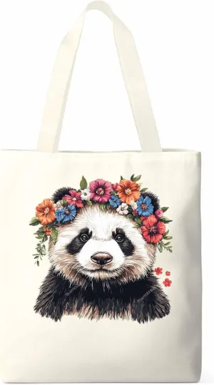 Canvas Tote Bag, Colorful Panda Naturalist Flower patterned Canvas Tote Handbags for Women Shoulder Bag,