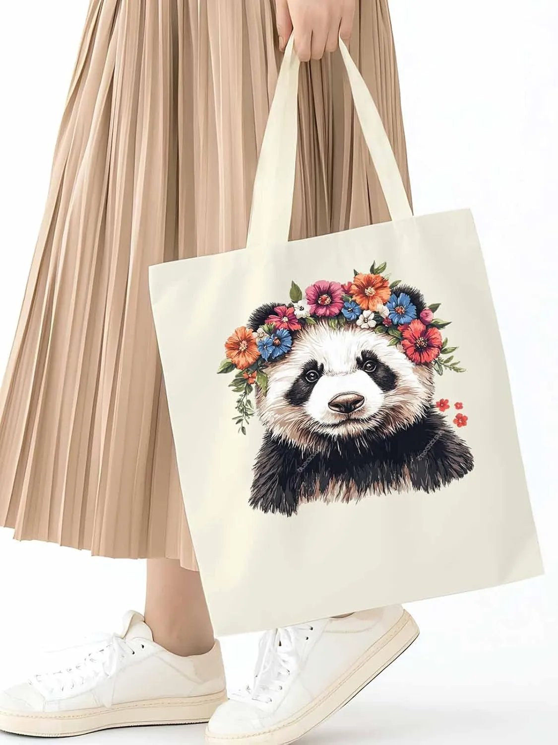 Canvas Tote Bag, Colorful Panda Naturalist Flower patterned Canvas Tote Handbags for Women Shoulder Bag,