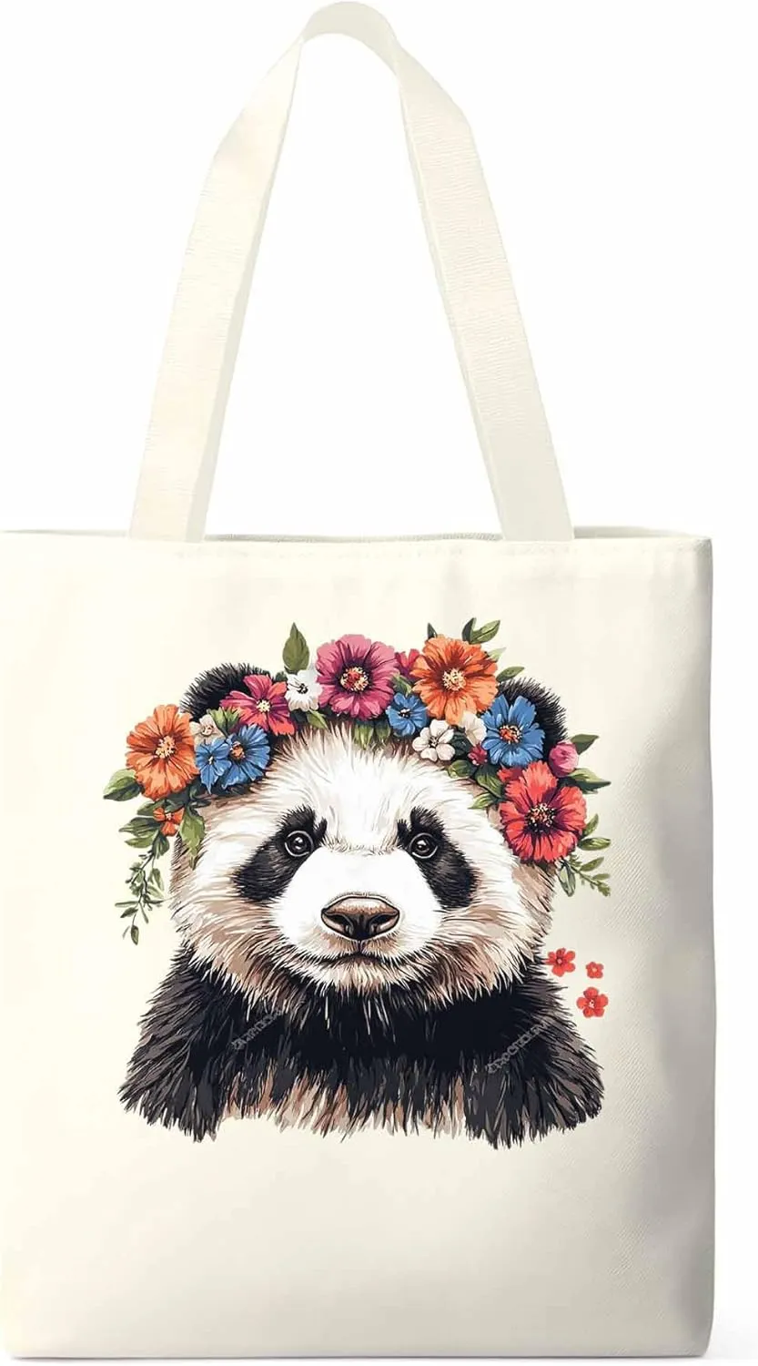 Canvas Tote Bag, Colorful Panda Naturalist Flower patterned Canvas Tote Handbags for Women Shoulder Bag,