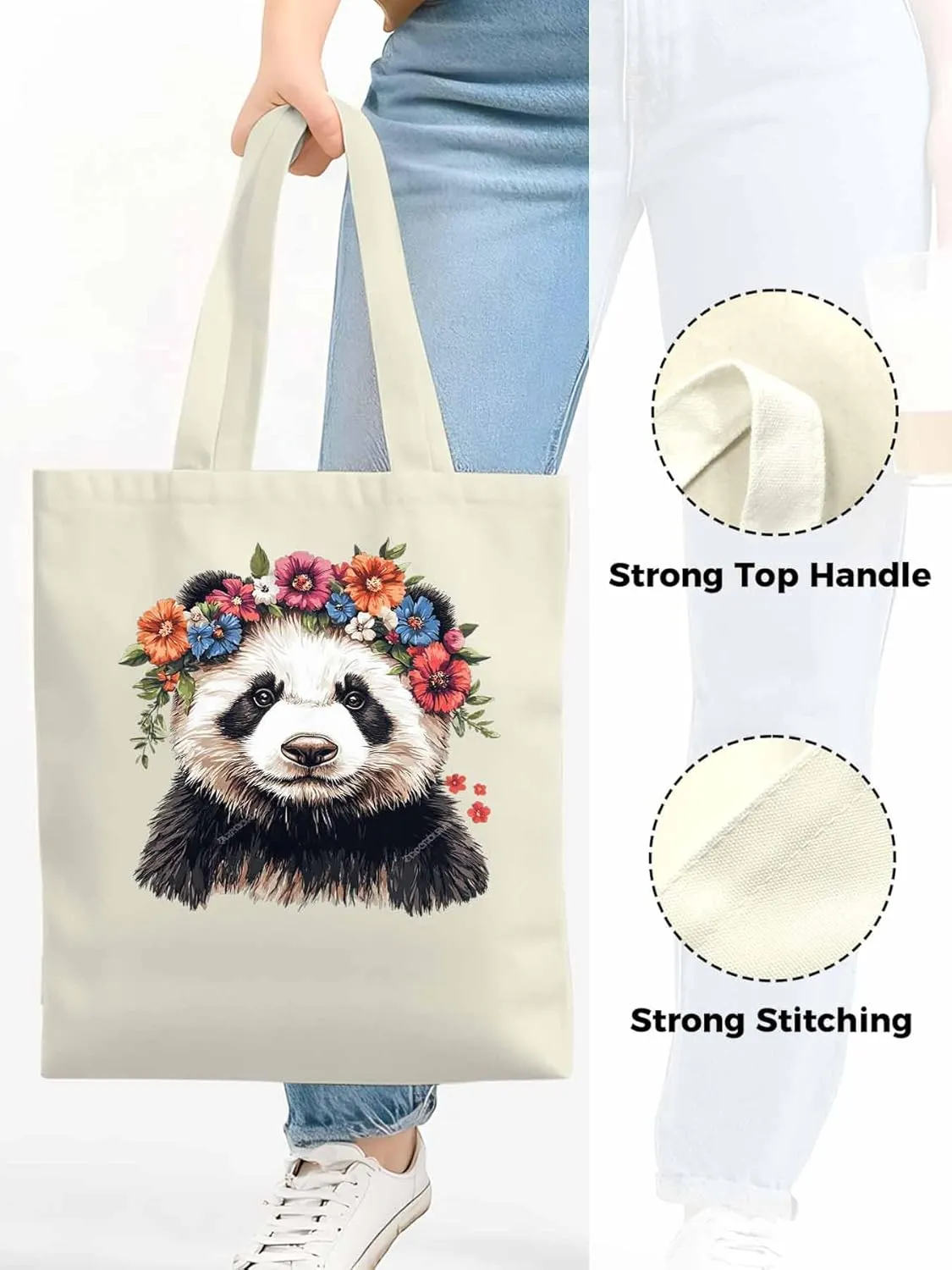 Canvas Tote Bag, Colorful Panda Naturalist Flower patterned Canvas Tote Handbags for Women Shoulder Bag,
