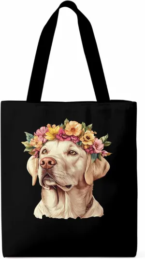 Canvas Tote Bag, Cute Dog Wearing Flower Garlands patterned Canvas Tote Handbags for Women Shoulder Bag,