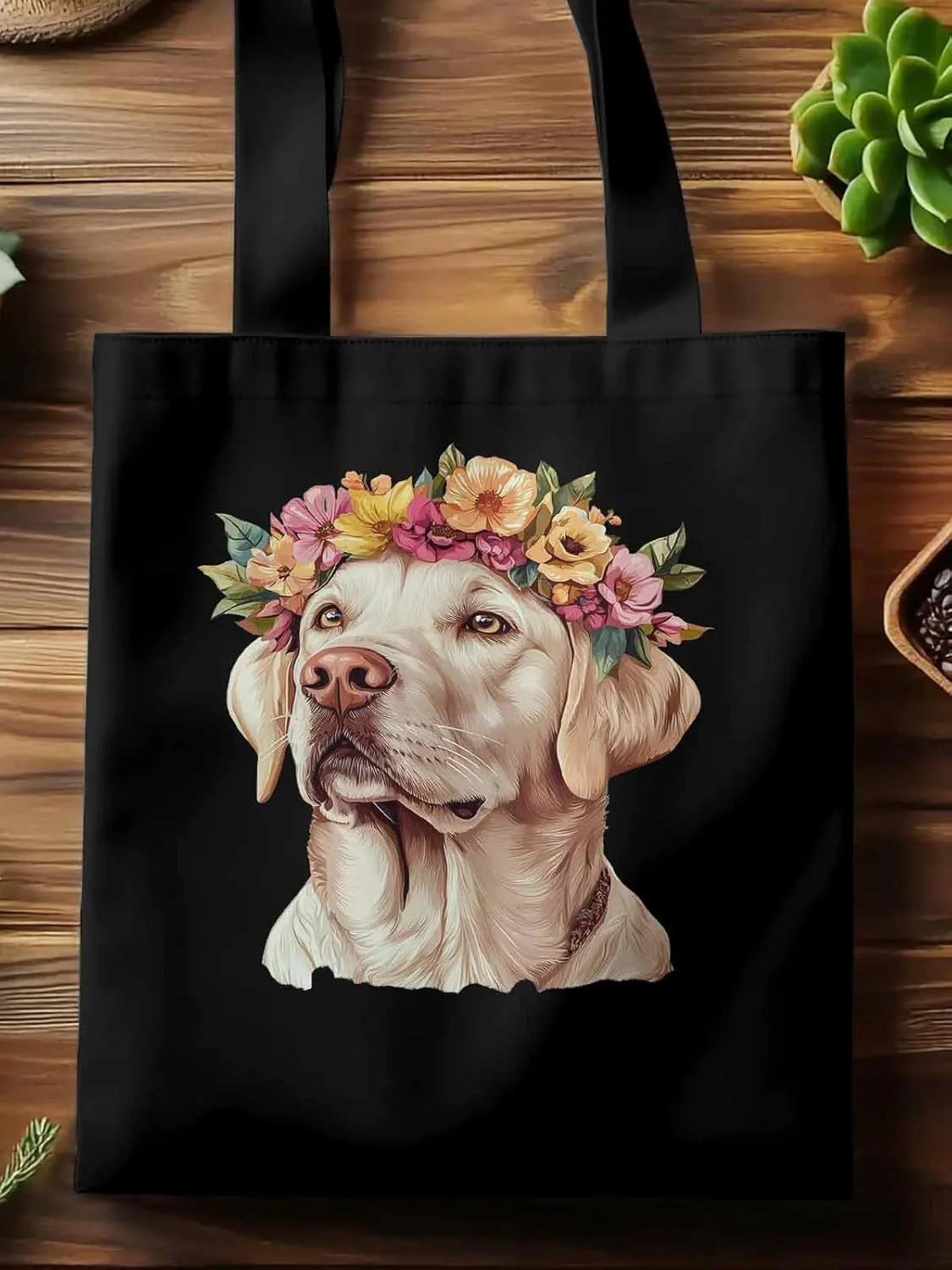 Canvas Tote Bag, Cute Dog Wearing Flower Garlands patterned Canvas Tote Handbags for Women Shoulder Bag,