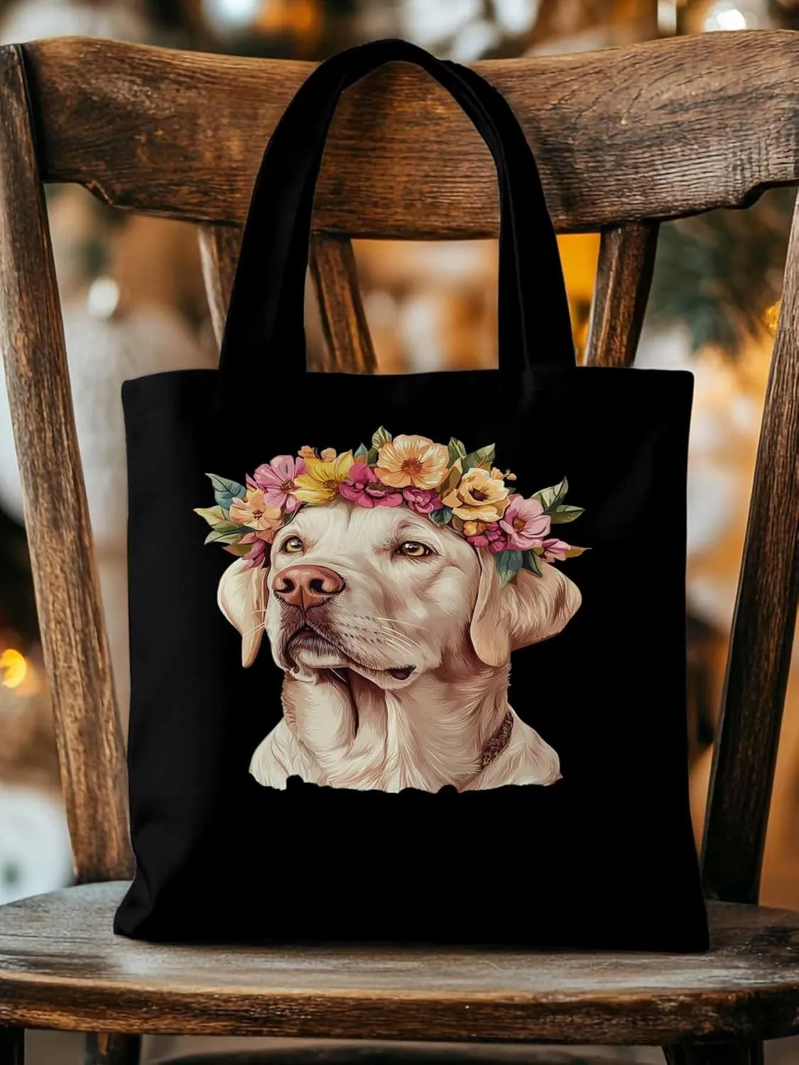 Canvas Tote Bag, Cute Dog Wearing Flower Garlands patterned Canvas Tote Handbags for Women Shoulder Bag,