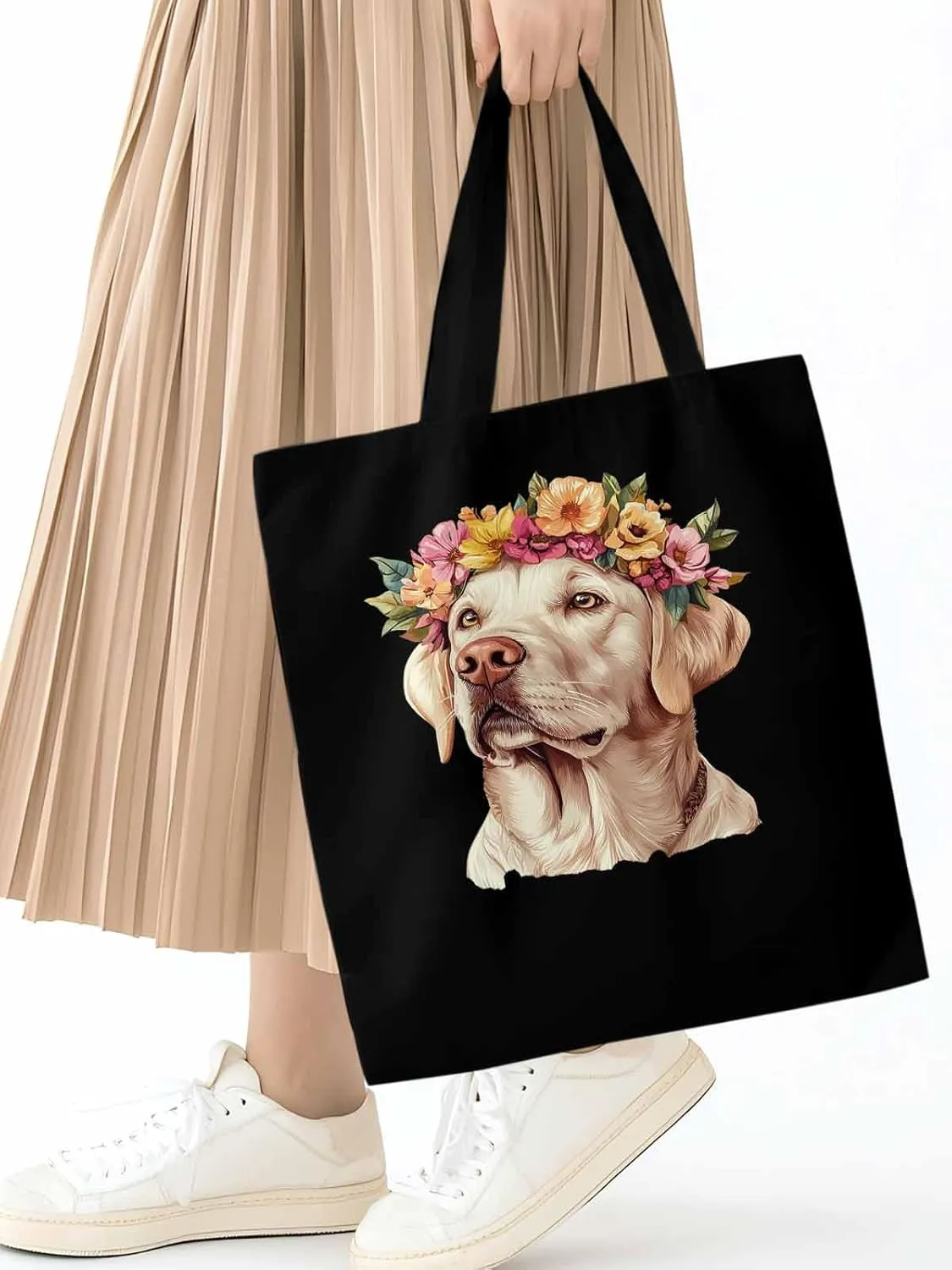 Canvas Tote Bag, Cute Dog Wearing Flower Garlands patterned Canvas Tote Handbags for Women Shoulder Bag,