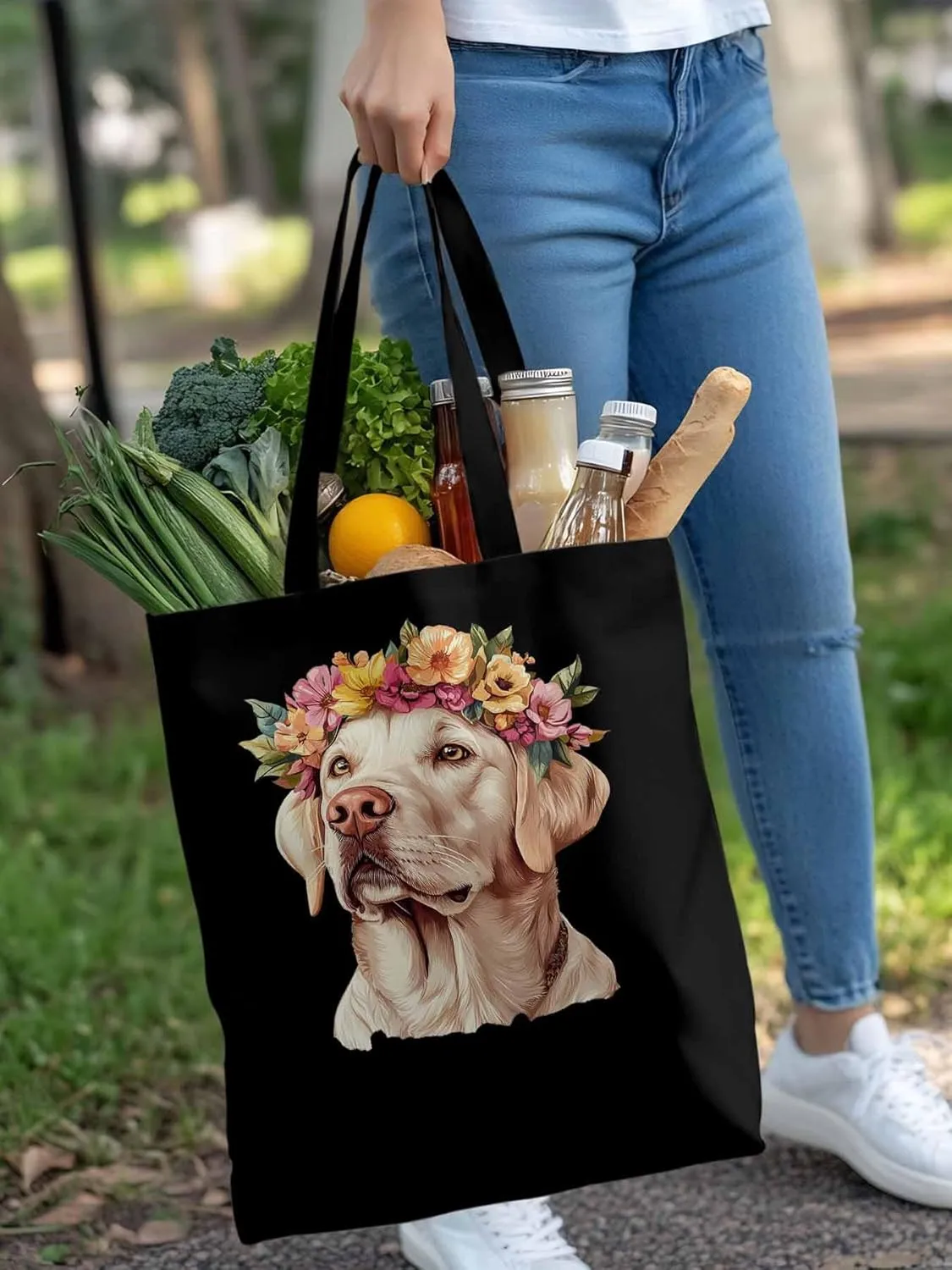 Canvas Tote Bag, Cute Dog Wearing Flower Garlands patterned Canvas Tote Handbags for Women Shoulder Bag,