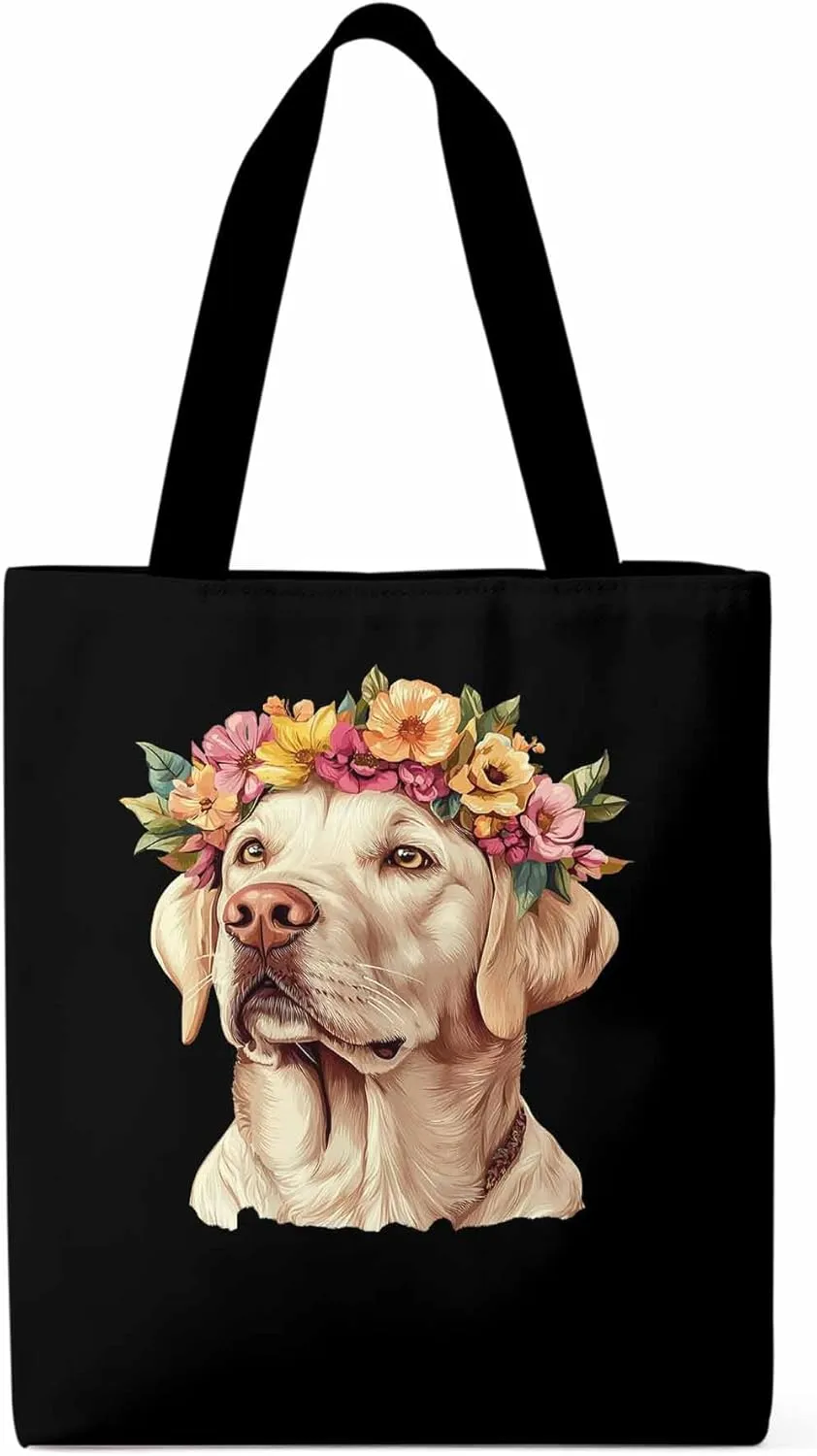 Canvas Tote Bag, Cute Dog Wearing Flower Garlands patterned Canvas Tote Handbags for Women Shoulder Bag,