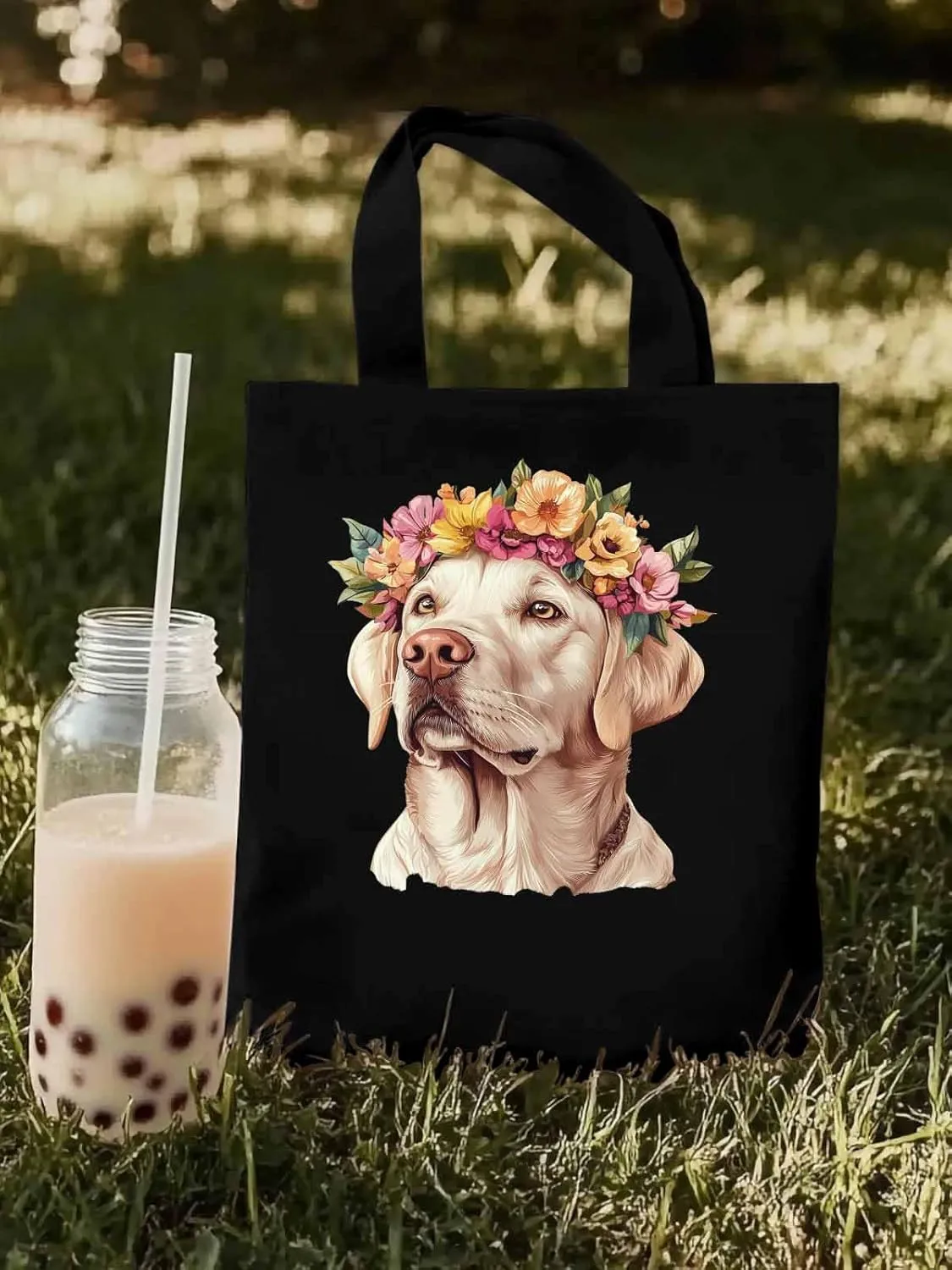 Canvas Tote Bag, Cute Dog Wearing Flower Garlands patterned Canvas Tote Handbags for Women Shoulder Bag,