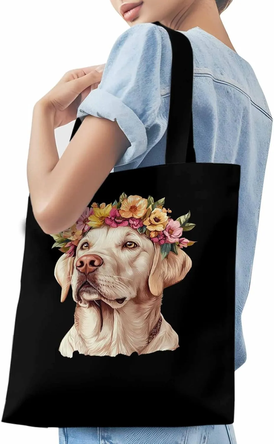Canvas Tote Bag, Cute Dog Wearing Flower Garlands patterned Canvas Tote Handbags for Women Shoulder Bag,
