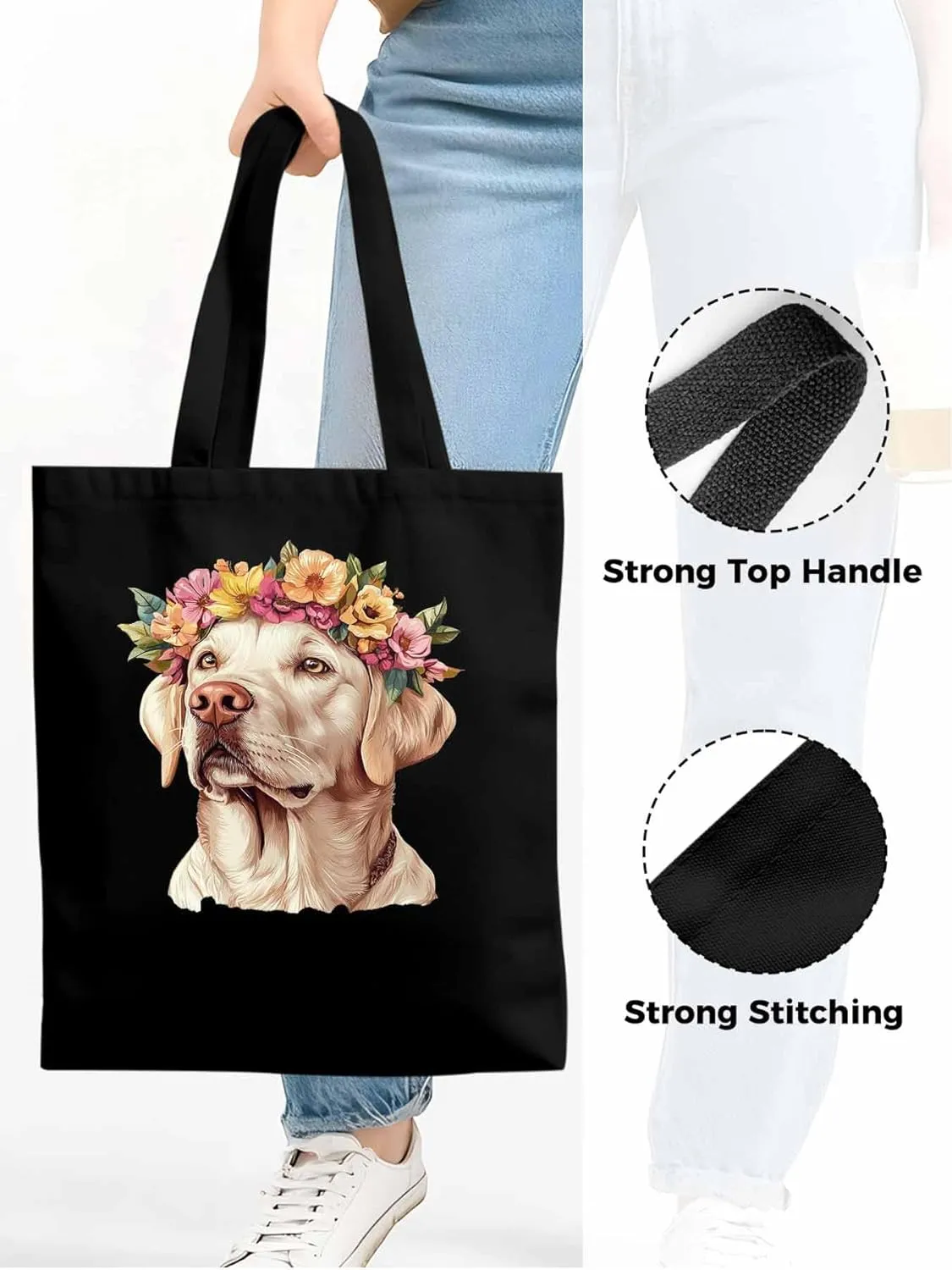 Canvas Tote Bag, Cute Dog Wearing Flower Garlands patterned Canvas Tote Handbags for Women Shoulder Bag,