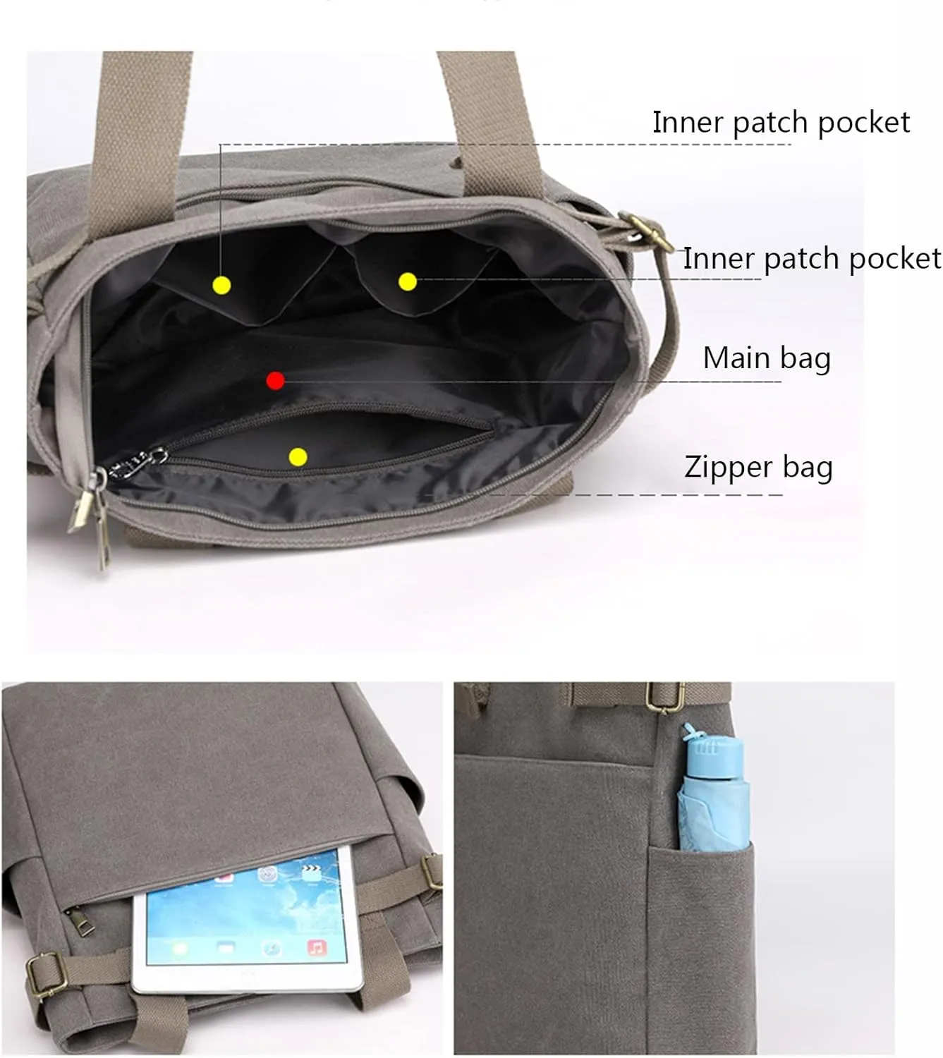 Canvas Tote Bag for Women With Pockets,Large Canvas Tote Bag With Zipper And Compartments Crossbody Work Tote Bag Fall Shoulder Bag Satchel Hobo Bag Messenger Bag For Everyday Shopping Travel (Coffee)