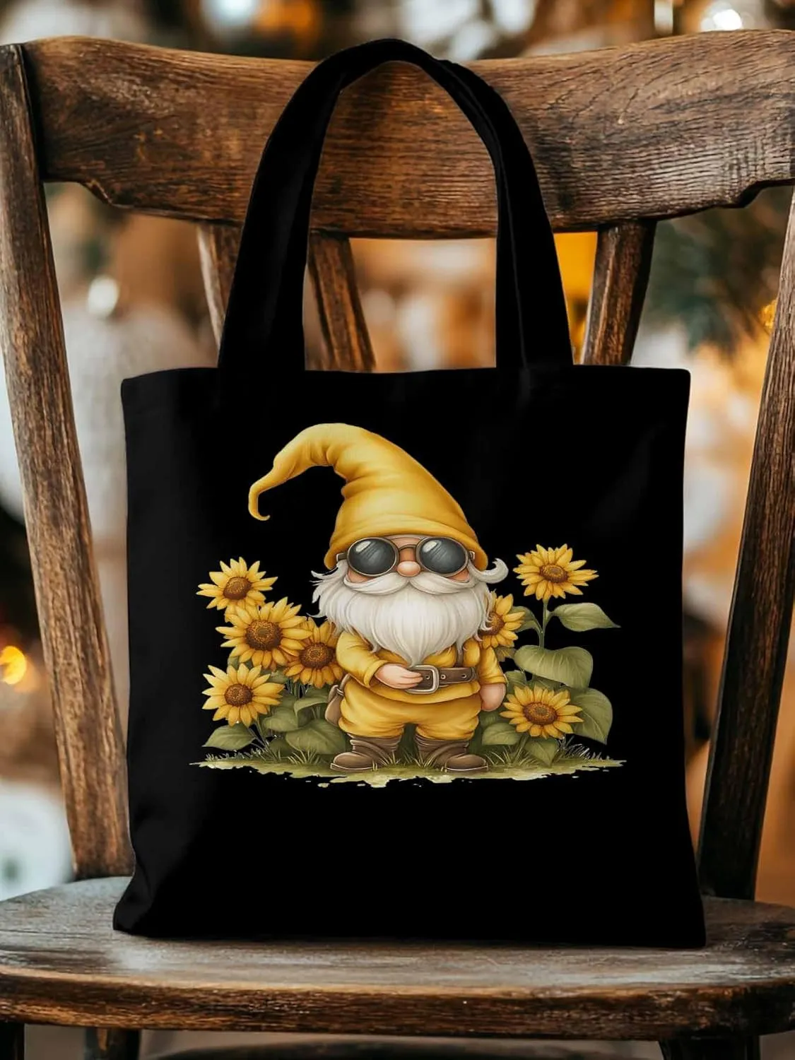 Canvas Tote Bag, Gnomes Sunflower Retro patterned Canvas Tote Handbags for Women Shoulder Bag,