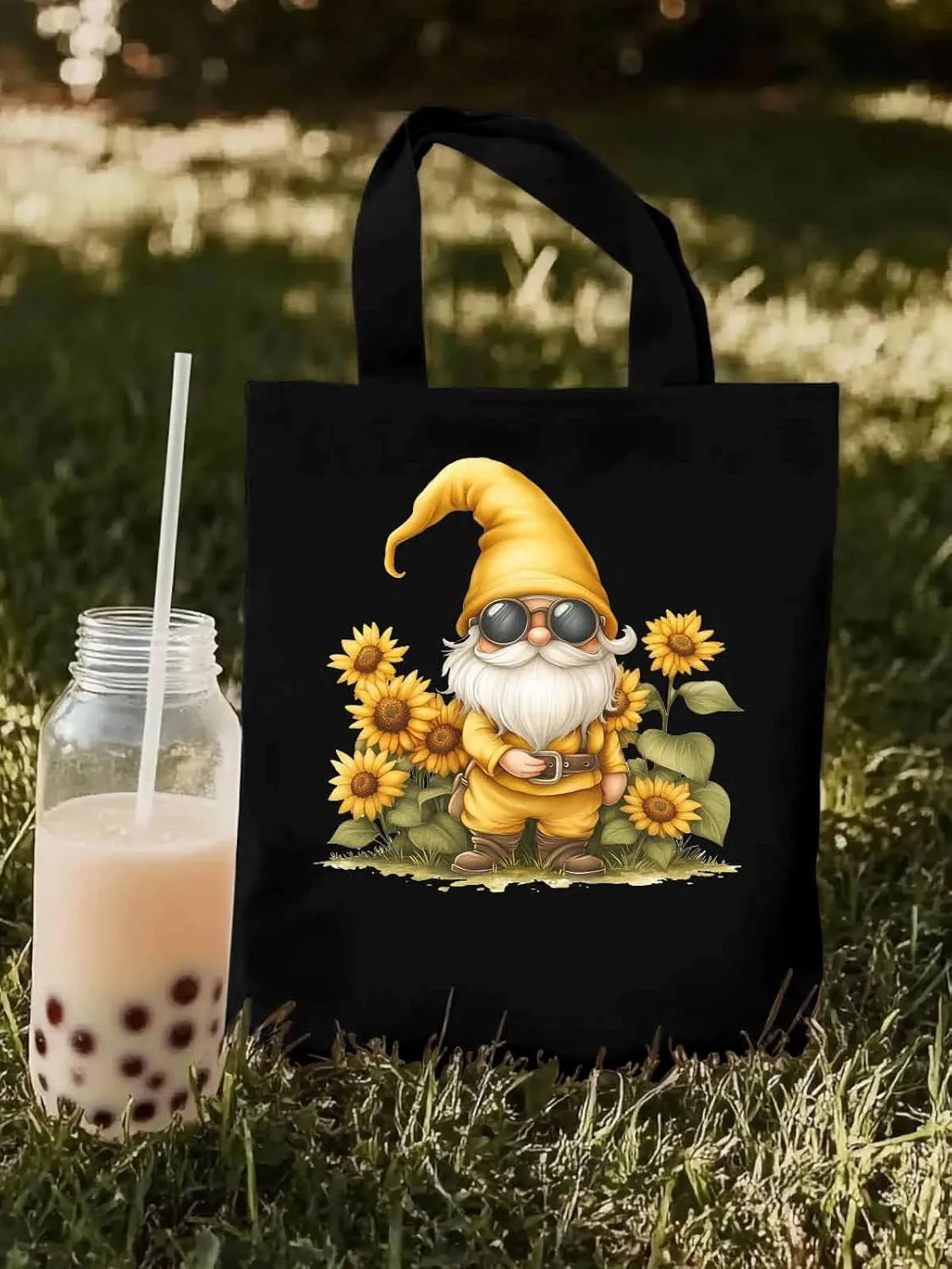 Canvas Tote Bag, Gnomes Sunflower Retro patterned Canvas Tote Handbags for Women Shoulder Bag,