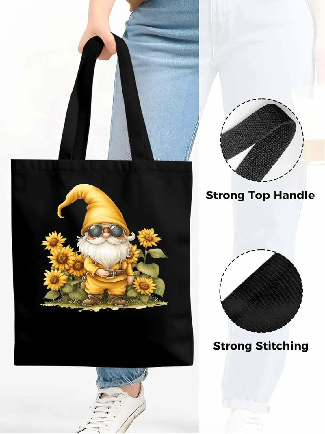 Canvas Tote Bag, Gnomes Sunflower Retro patterned Canvas Tote Handbags for Women Shoulder Bag,