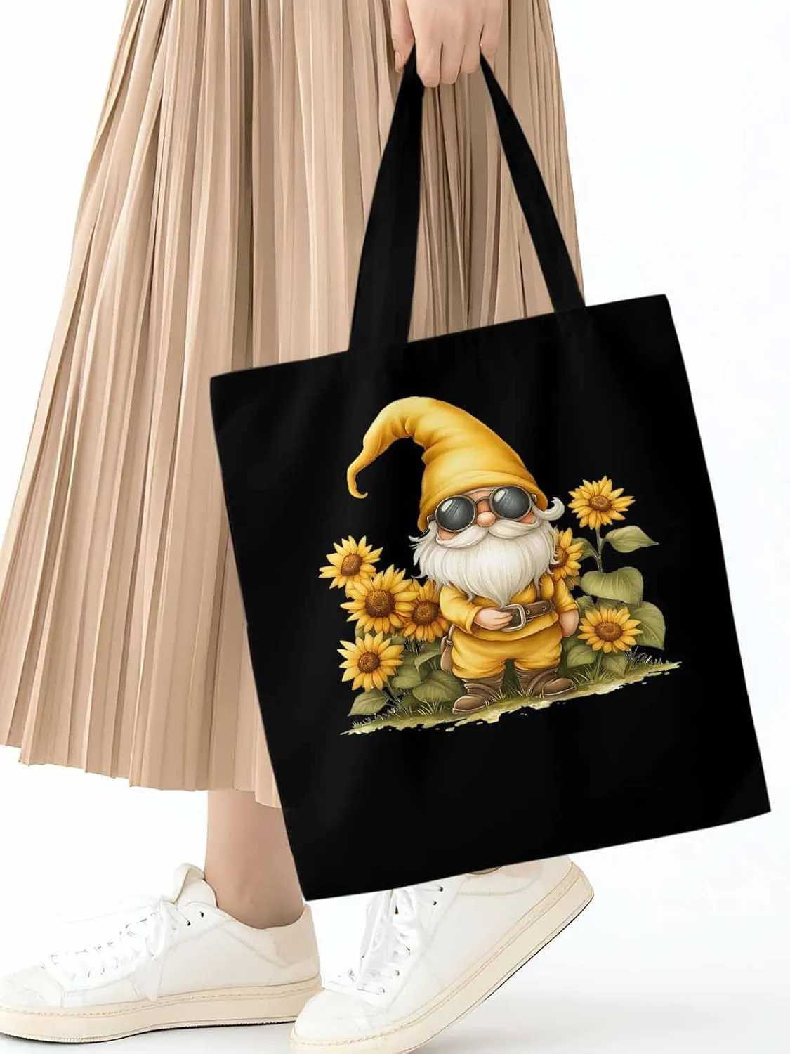 Canvas Tote Bag, Gnomes Sunflower Retro patterned Canvas Tote Handbags for Women Shoulder Bag,