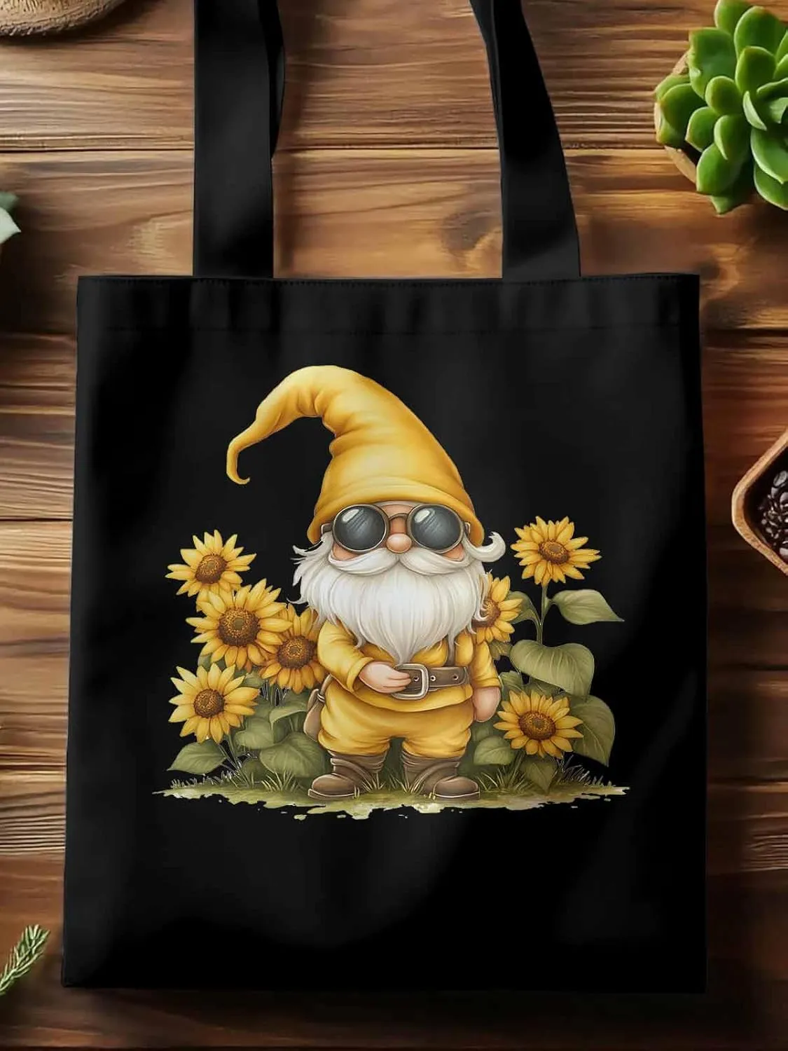 Canvas Tote Bag, Gnomes Sunflower Retro patterned Canvas Tote Handbags for Women Shoulder Bag,