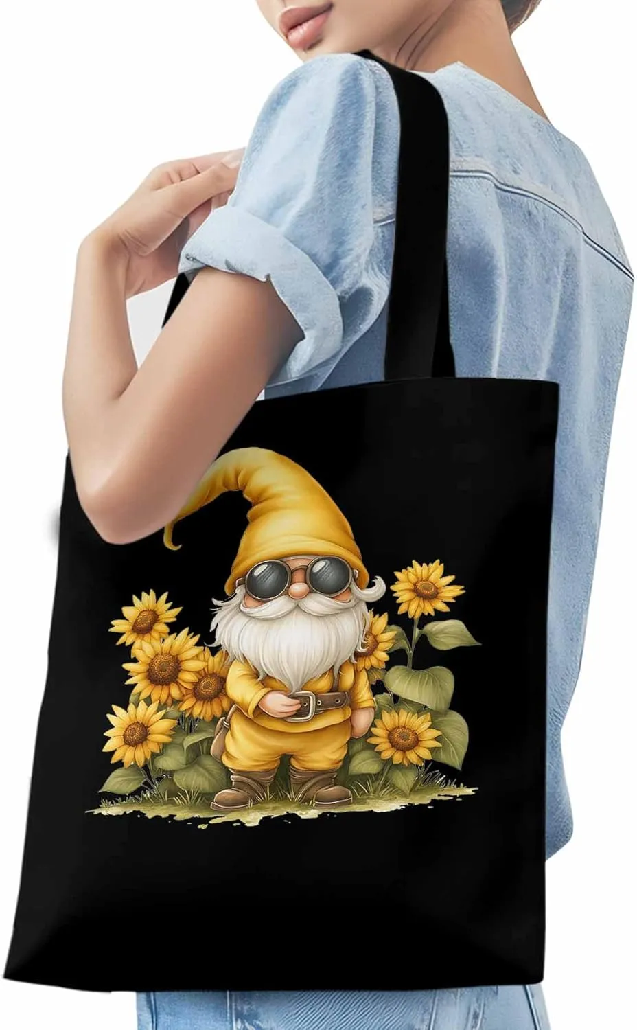 Canvas Tote Bag, Gnomes Sunflower Retro patterned Canvas Tote Handbags for Women Shoulder Bag,