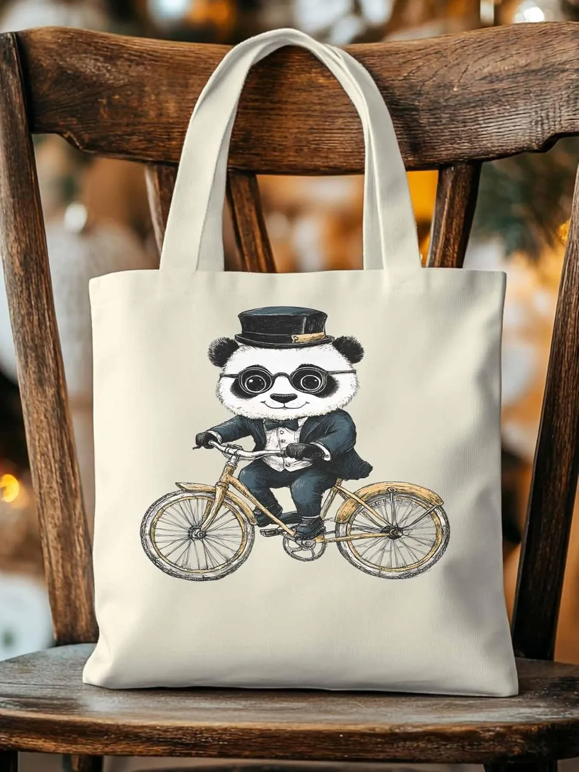 Canvas Tote Bag, in Glasses Panda Riding Bicycle patterned Canvas Tote Handbags for Women Shoulder Bag,