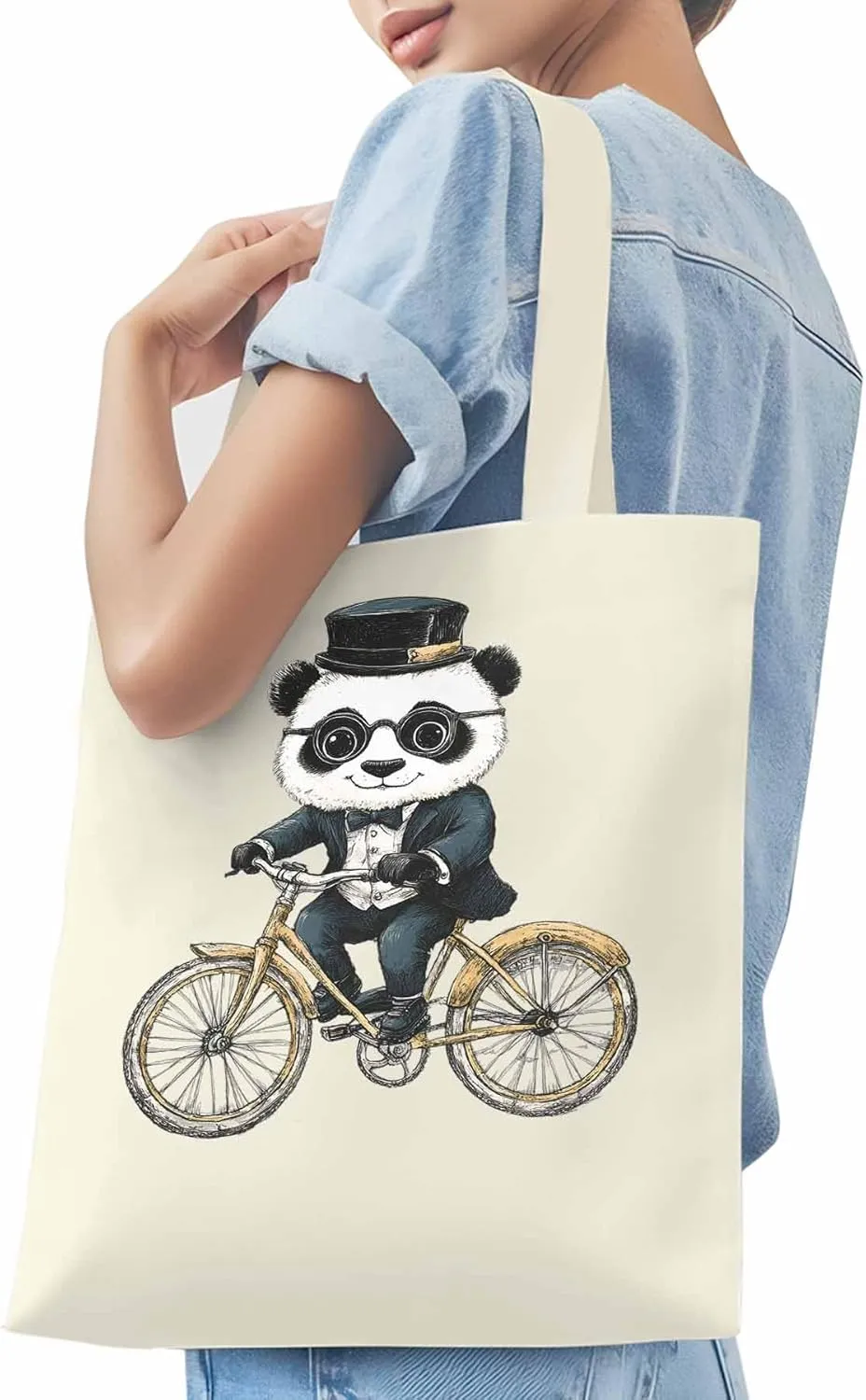 Canvas Tote Bag, in Glasses Panda Riding Bicycle patterned Canvas Tote Handbags for Women Shoulder Bag,