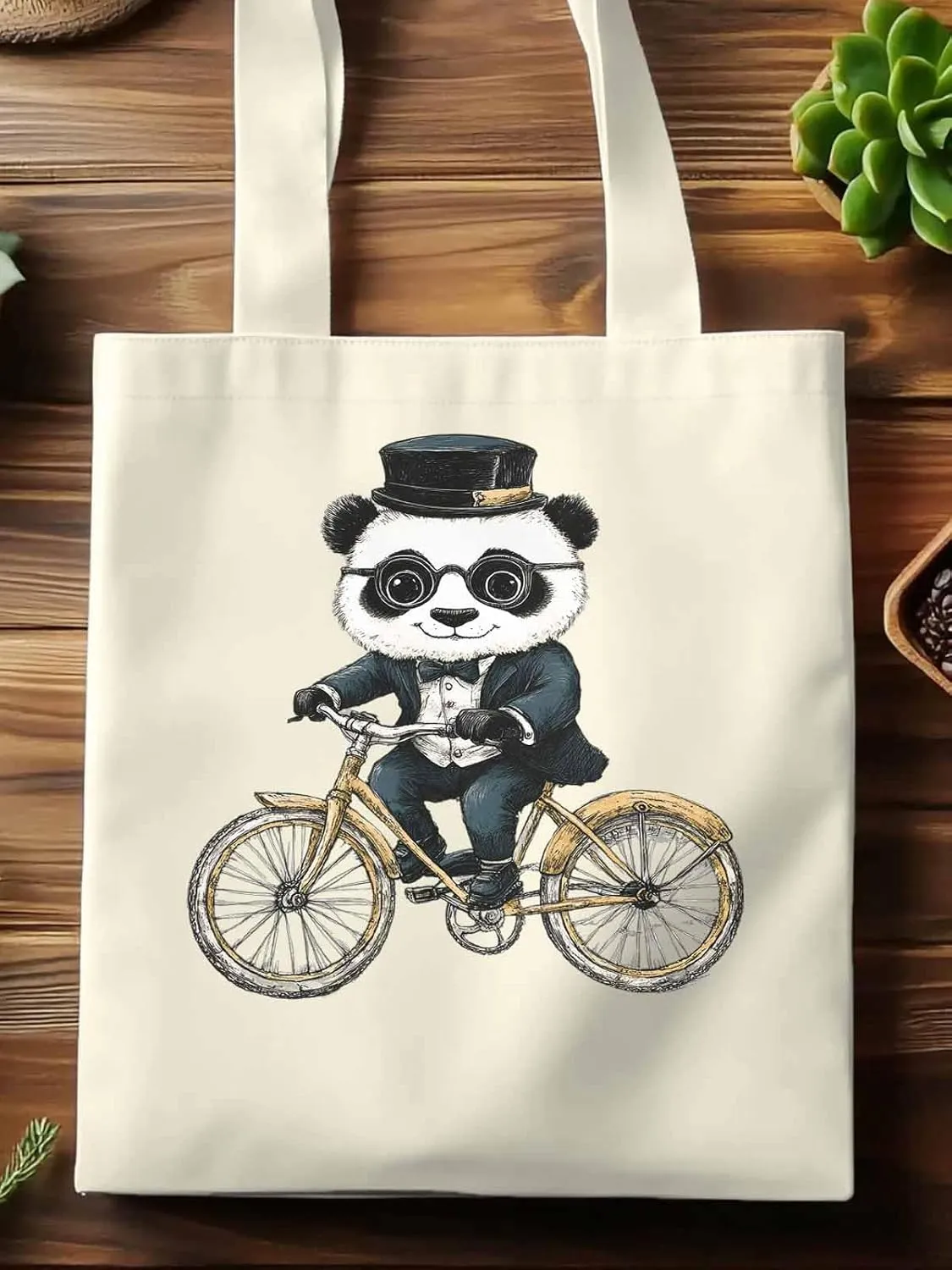 Canvas Tote Bag, in Glasses Panda Riding Bicycle patterned Canvas Tote Handbags for Women Shoulder Bag,