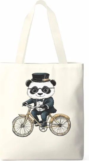 Canvas Tote Bag, in Glasses Panda Riding Bicycle patterned Canvas Tote Handbags for Women Shoulder Bag,