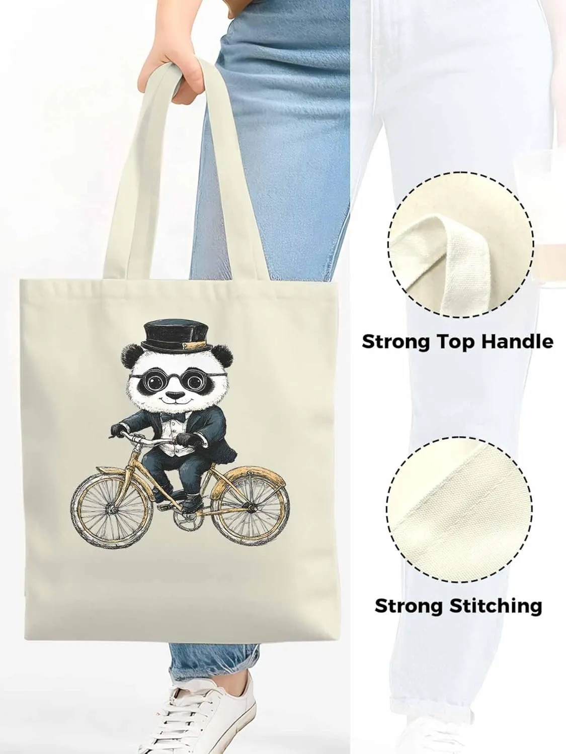 Canvas Tote Bag, in Glasses Panda Riding Bicycle patterned Canvas Tote Handbags for Women Shoulder Bag,