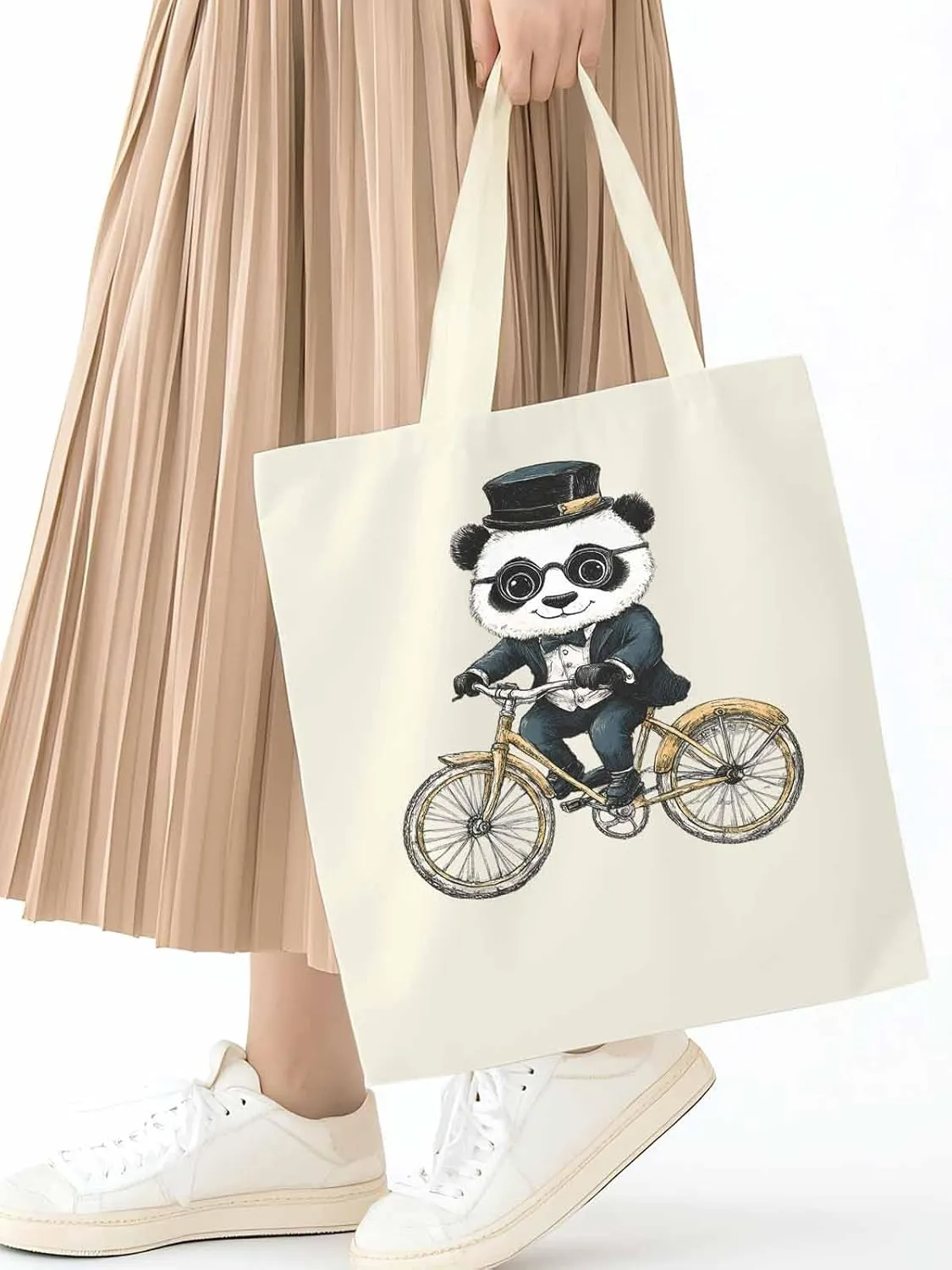 Canvas Tote Bag, in Glasses Panda Riding Bicycle patterned Canvas Tote Handbags for Women Shoulder Bag,