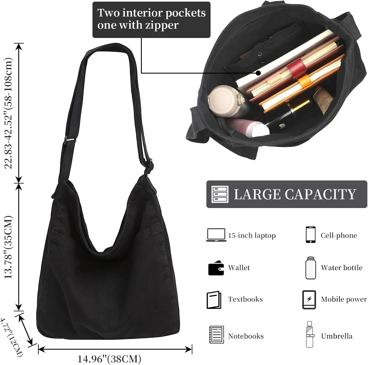 Canvas Tote Bag Large Crossbody Hobo Bag for Women and Men Messenger Bags Shoulder Handbag Casual Purse Travel Work