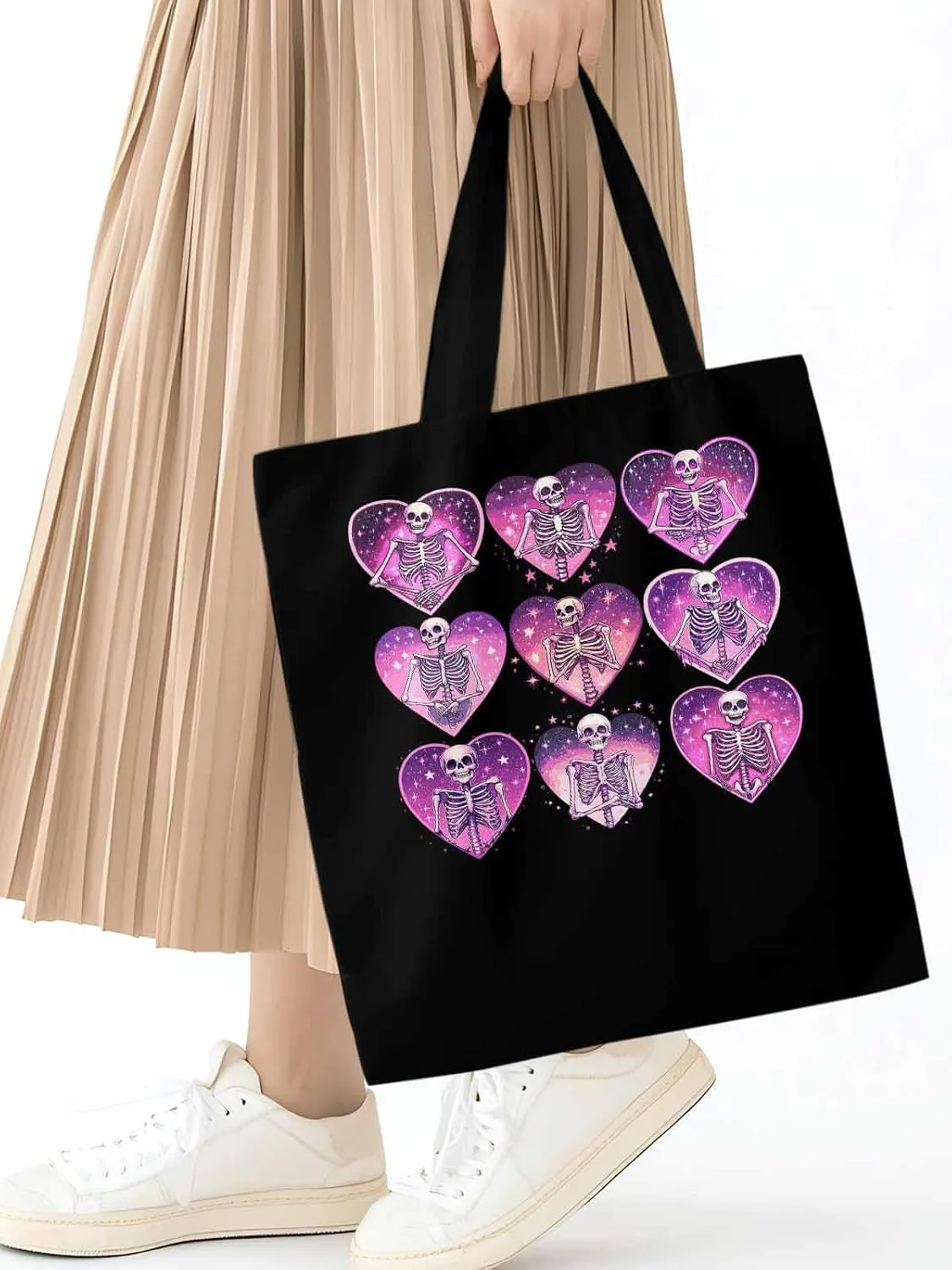 Canvas Tote Bag, Love Heart Skull Valentine Aesthetic Canvas Tote Handbags for Women Shoulder Bag